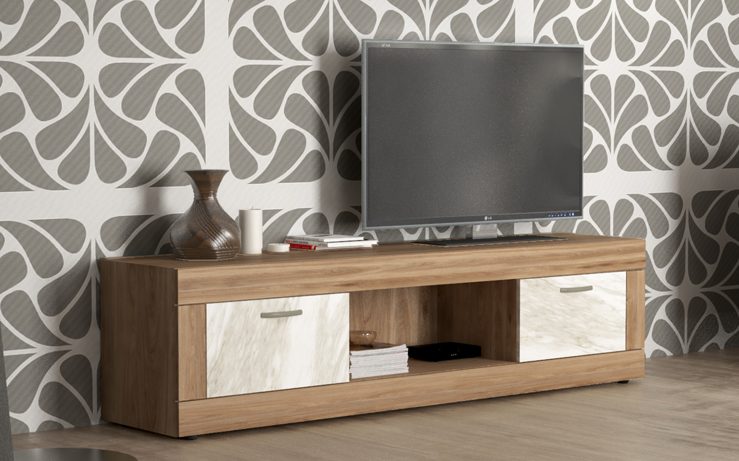 Modul TV Vias, stejar cupru + marmura alba  1