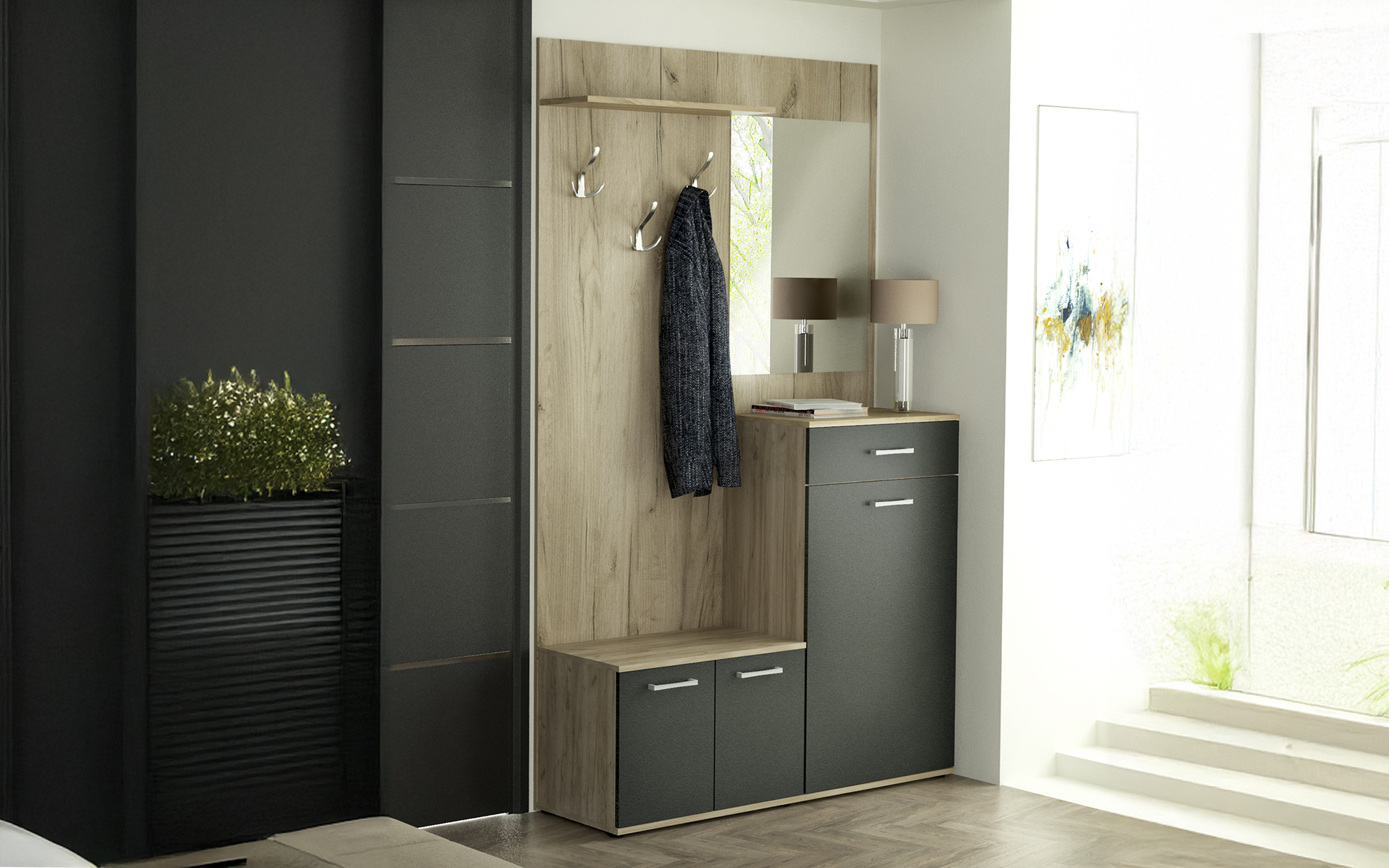 Cuier Benito, stejar gri + antracit  1