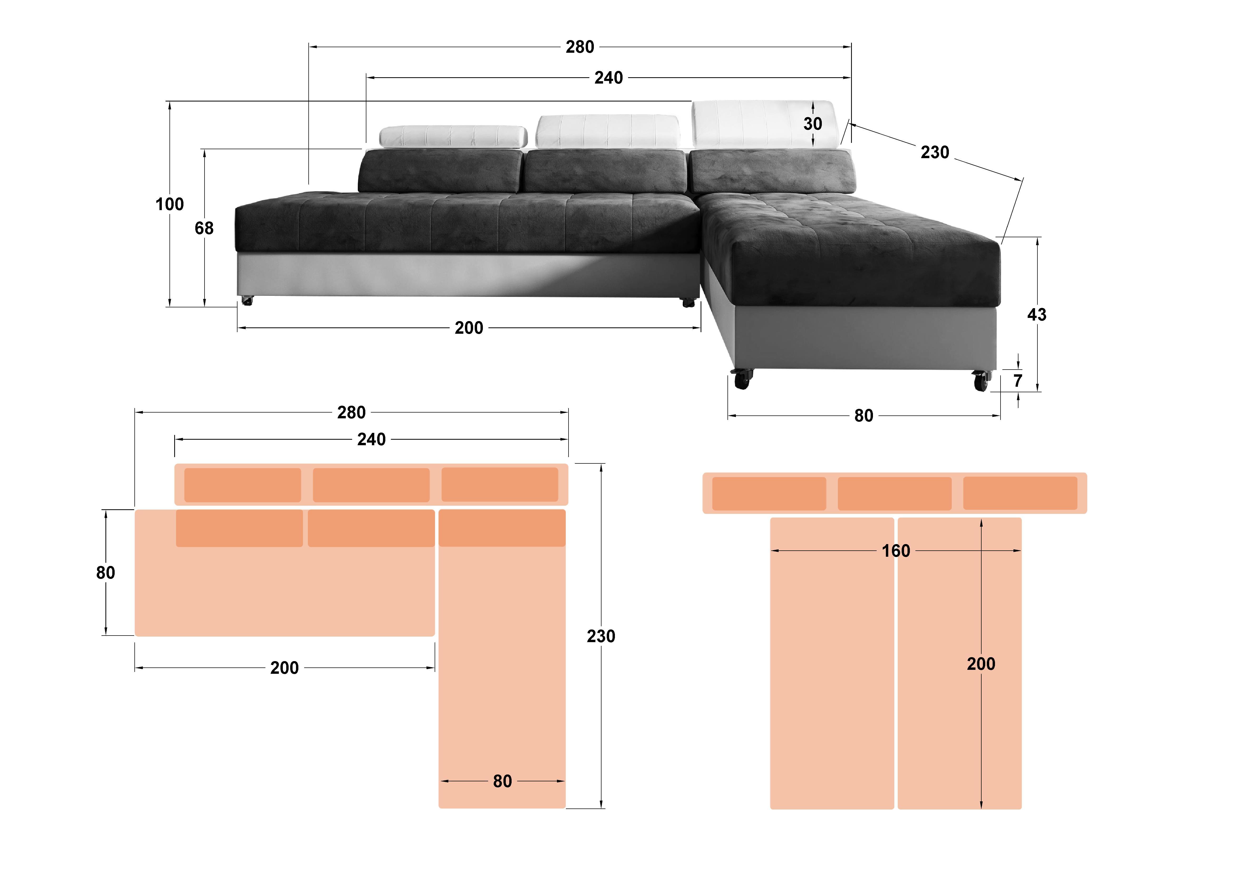 Coltar pentru living Galans, grafit + piele alba  2