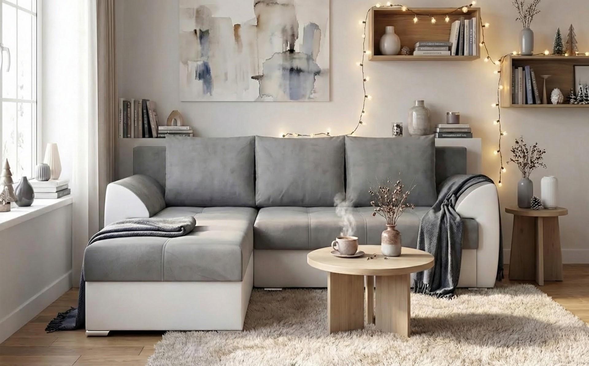 Coltar extensibil Deman, gri + piele alba  1