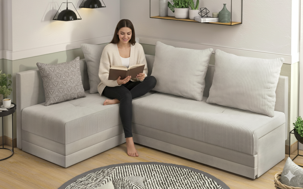 Раскладной угловой диван Арамо, бежевый + светло-бежевый  4