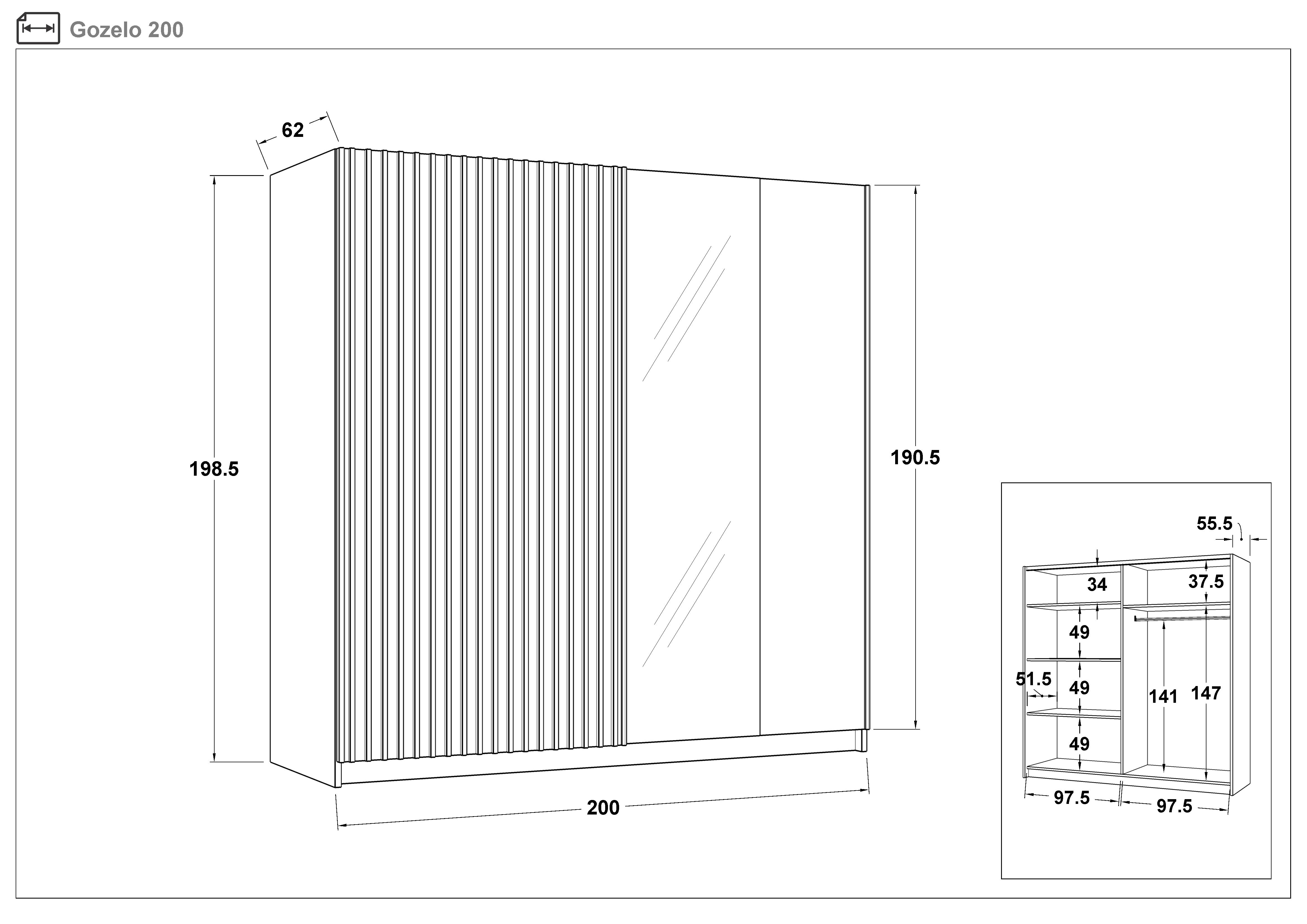Dulap cu usi glisante Gozelo 200 II, stejar аrtisan + negru grafit  2