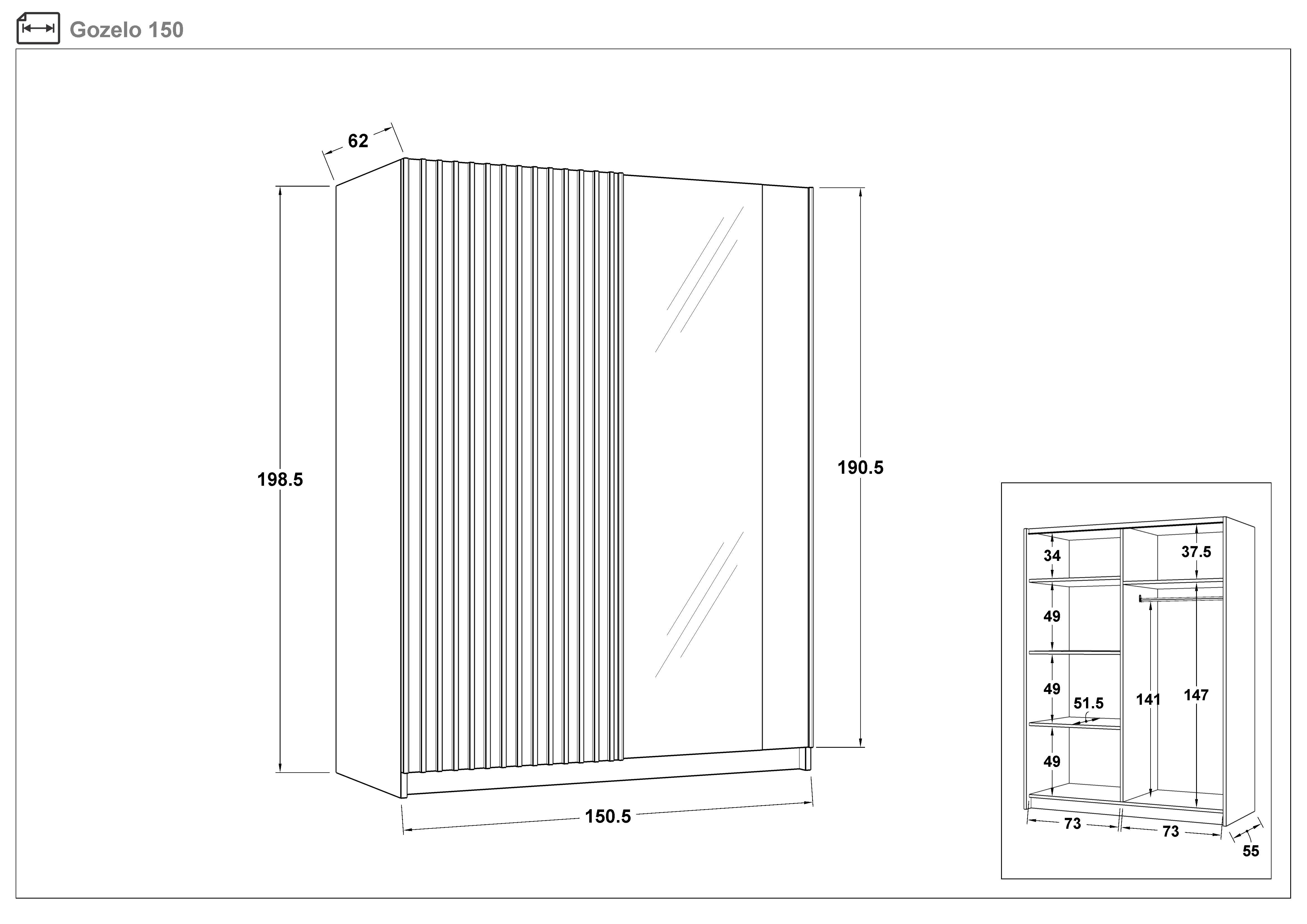 Dulap cu usi glisantesi oglinda Gozelo 150 II, alb + stejar artisan  2