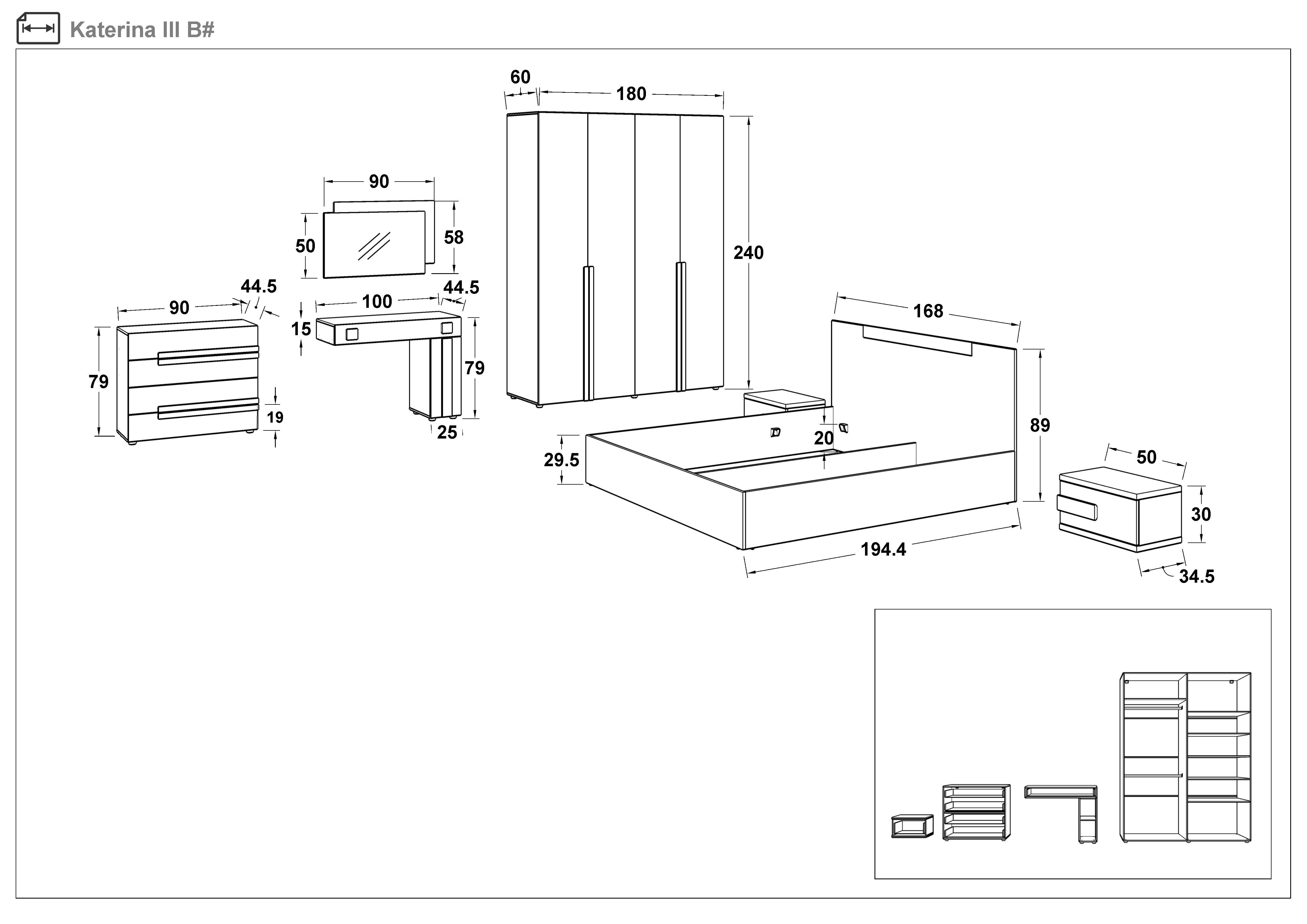 Pat dublu + saltea 164/190 Katerina, stejar antracit + negru lucios  2