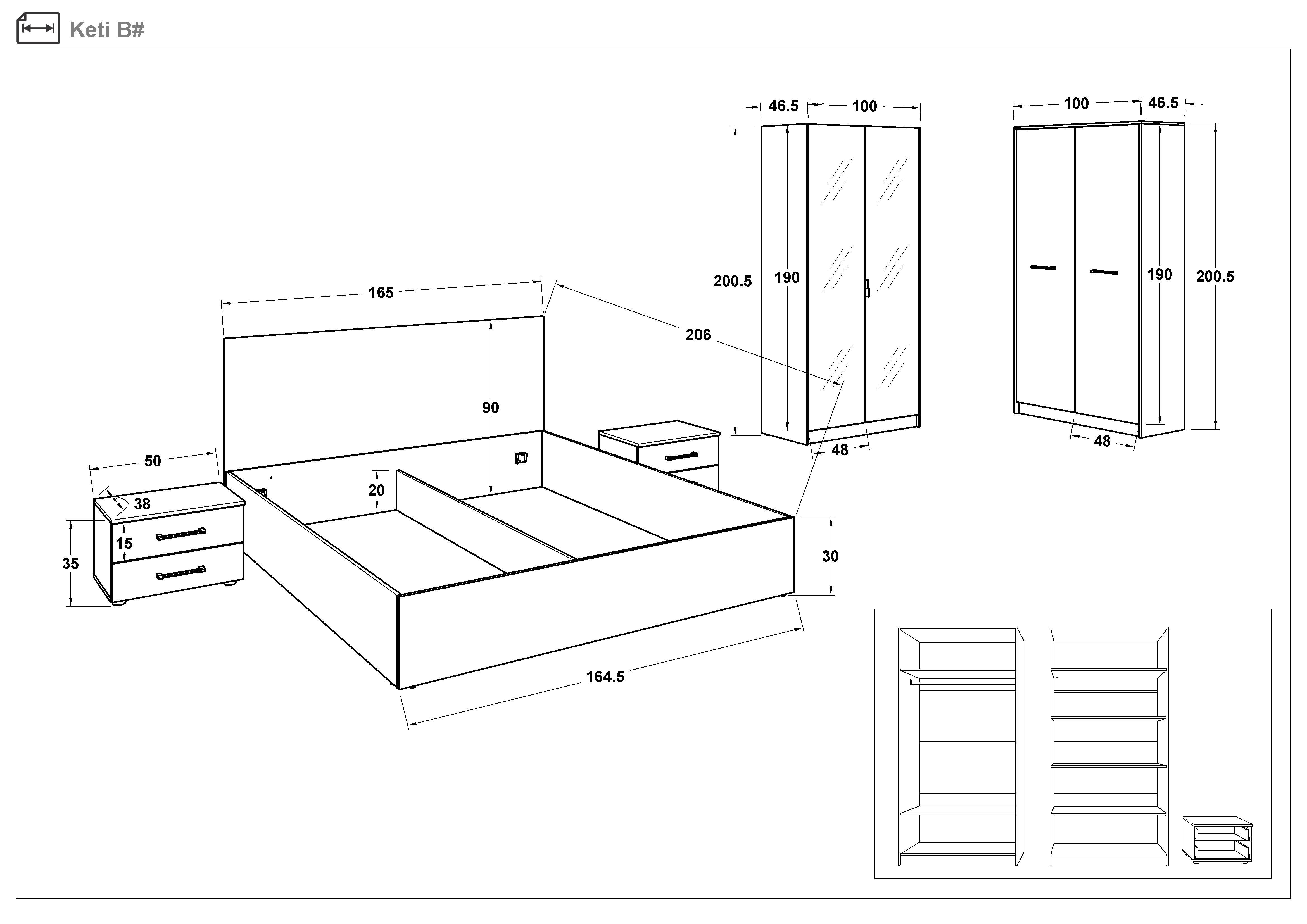 Set dormitor 160/200 Keti + saltea, Silk + stejar colonial  2