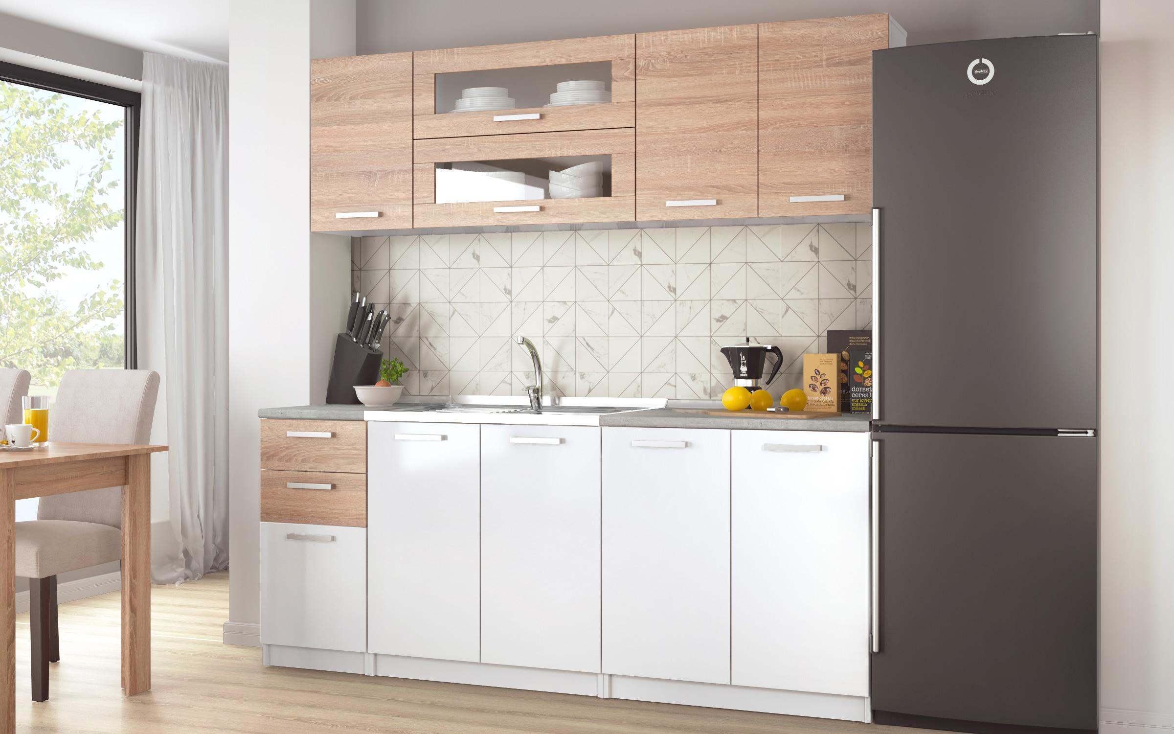 Set Bucatarie Darina + masa dining, alb lucios + stejar sonoma  2