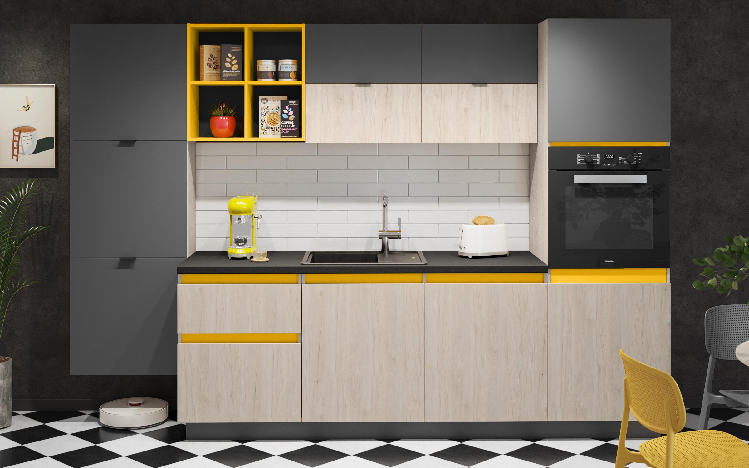 Bucatarie Prima, antracit mat + galben + rockford deschis  1