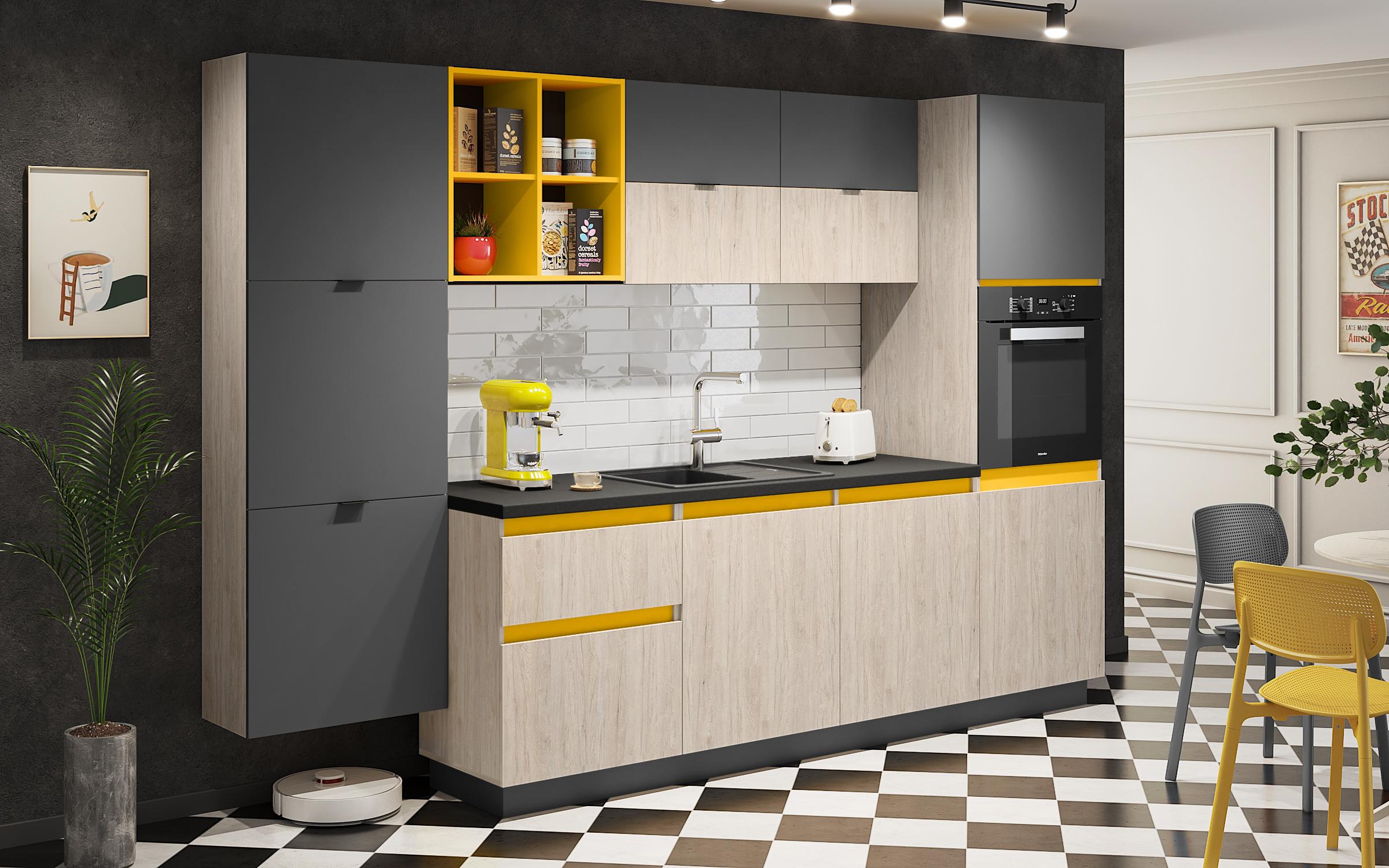 Bucatarie Prima, antracit mat + galben + rockford deschis  2