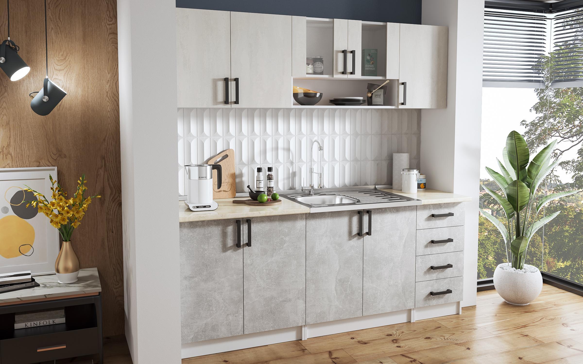 Bucatarie Verana, alb + beton + silk  2