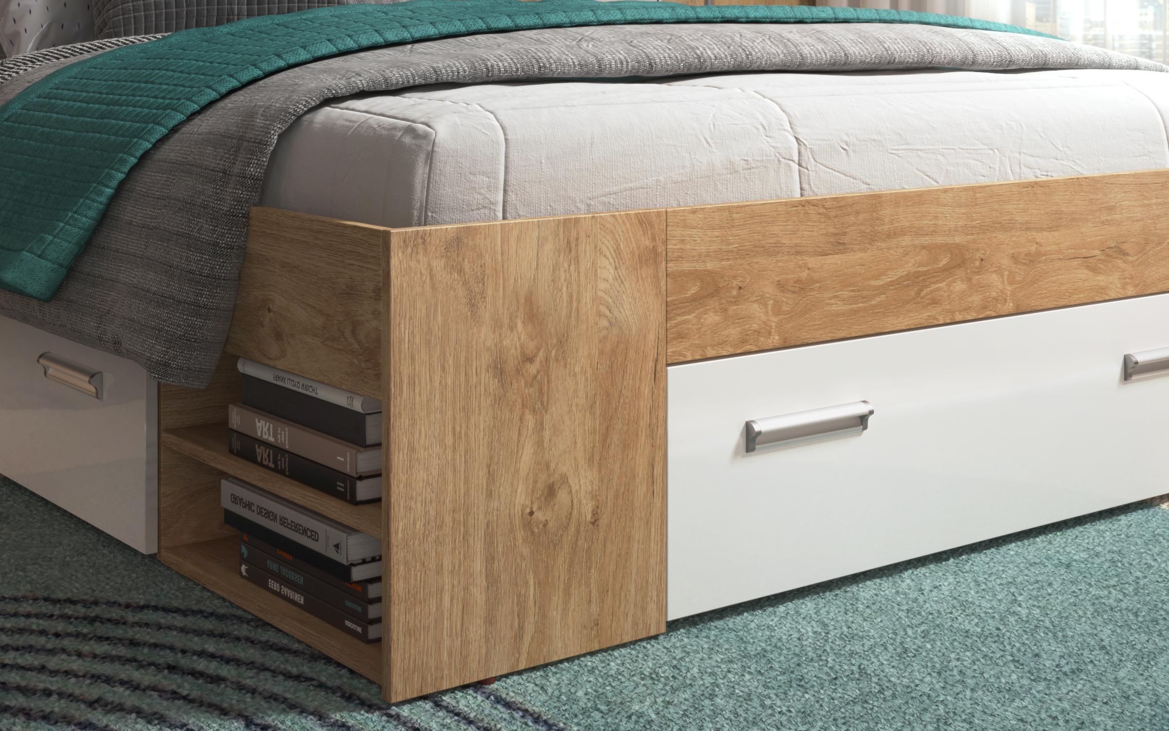 Pat dublu Ray pentru saltea 160/200, stejar auriu + alb lucios  5