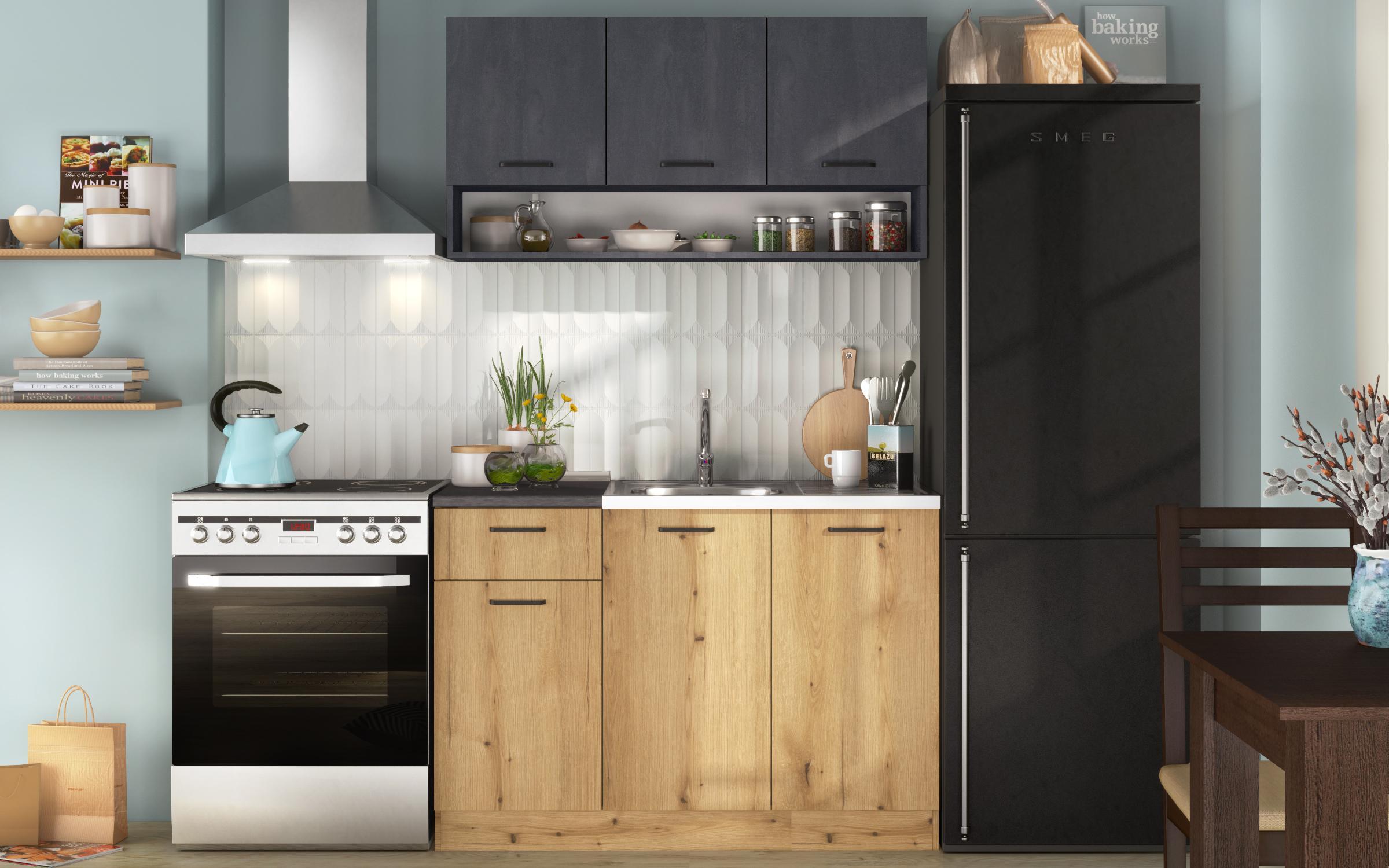 Bucatarie cu blat termic inclus Lora 5 mini, stejar evoc + Magma  2