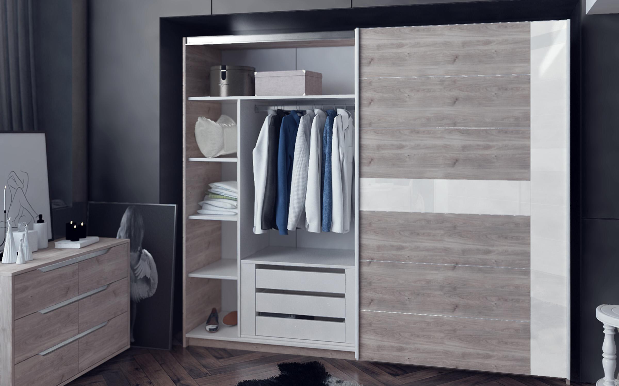 Dulap cu usi glisante Modern 03, alb + stejar Castelo gri + alb lucios  4