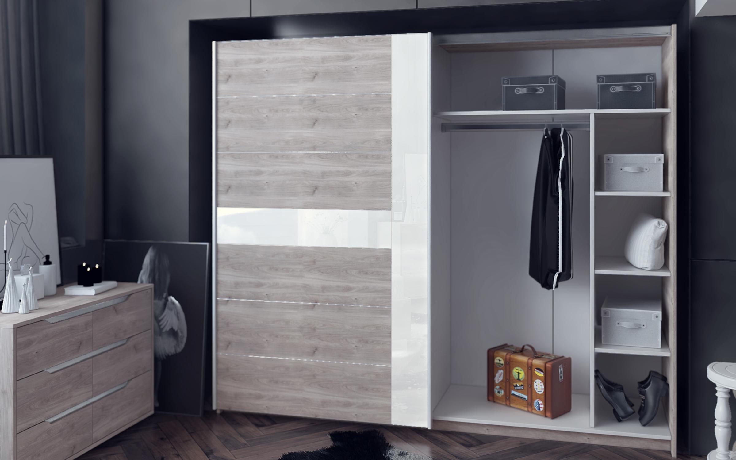 Dulap cu usi glisante Modern 03, alb + stejar Castelo gri + alb lucios  3
