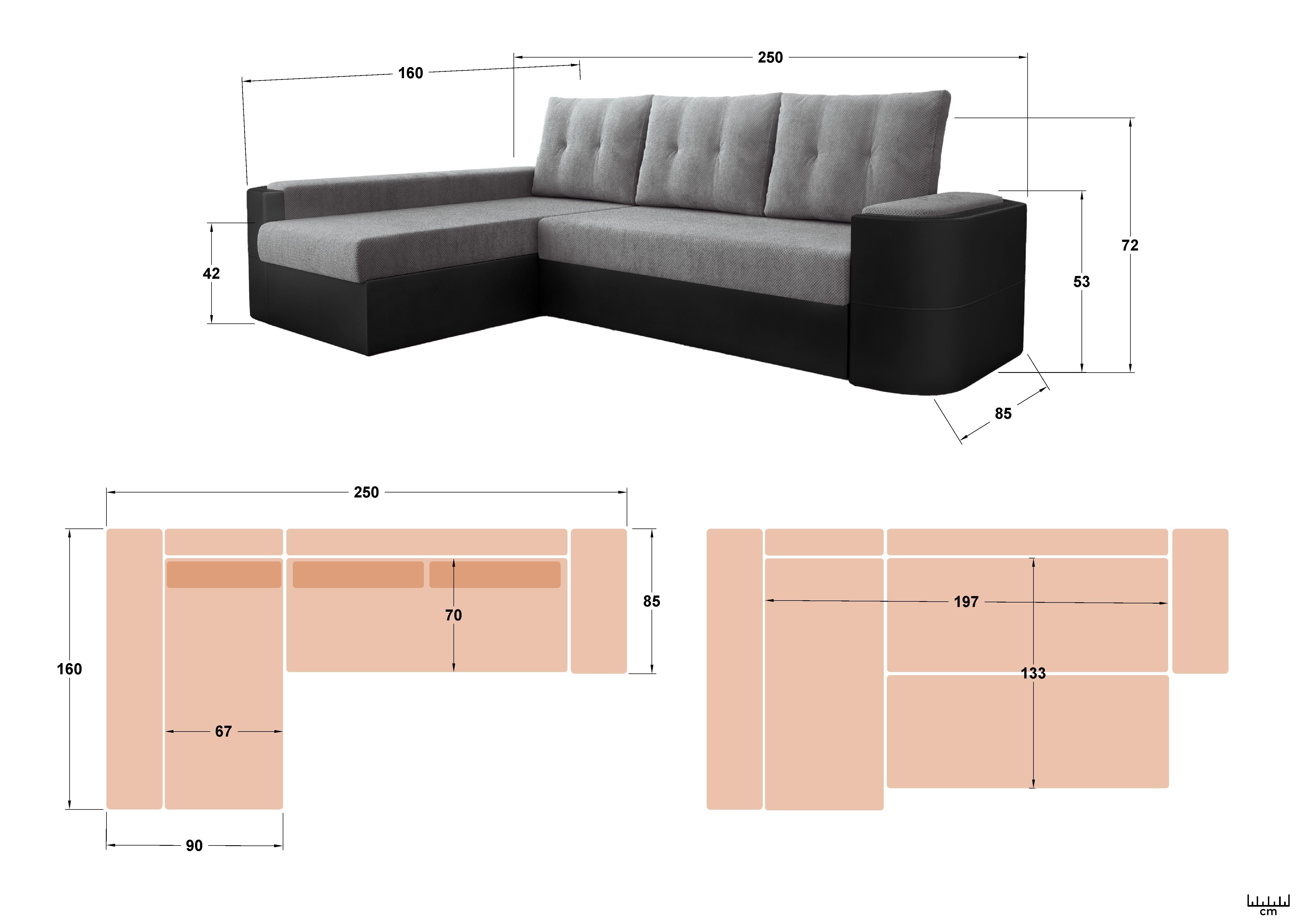 Coltar extensibil Madeira, gri + piele neagra  2