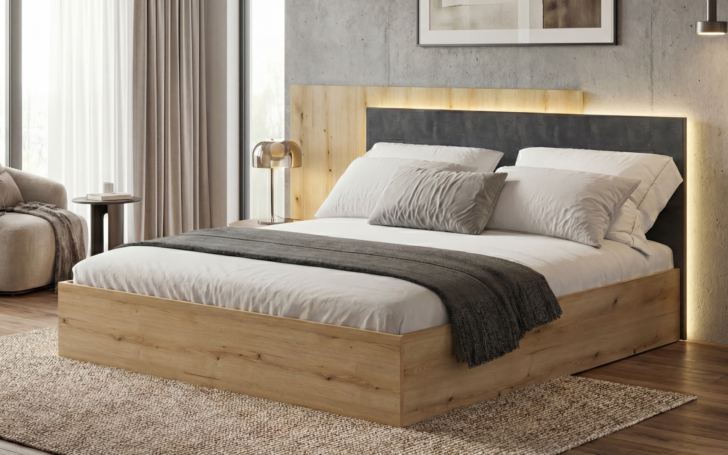 Set dormitor pentru saltea 160/200 + iluminare LED Morato, stejar evoc + Magma  5