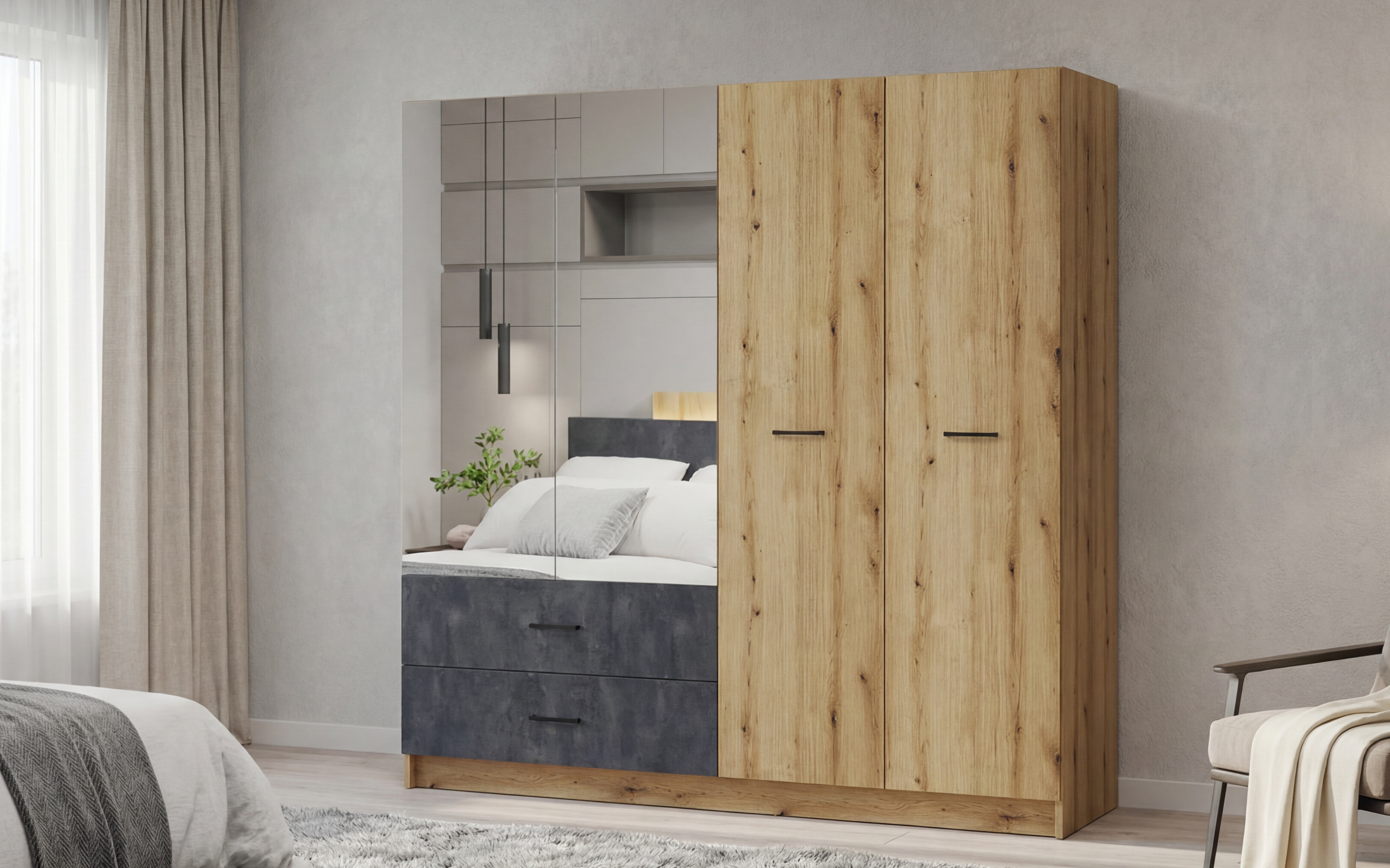 Dulap cu patru usi Morato, stejar evoc + Magma  1