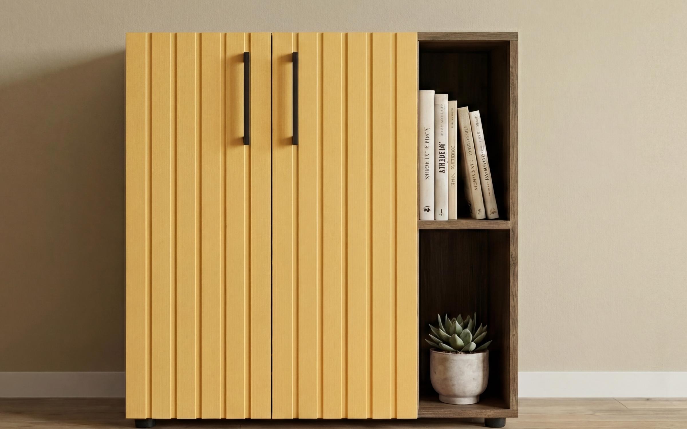 Comoda Nikon, stejar scandinav inchis + satin galben  3