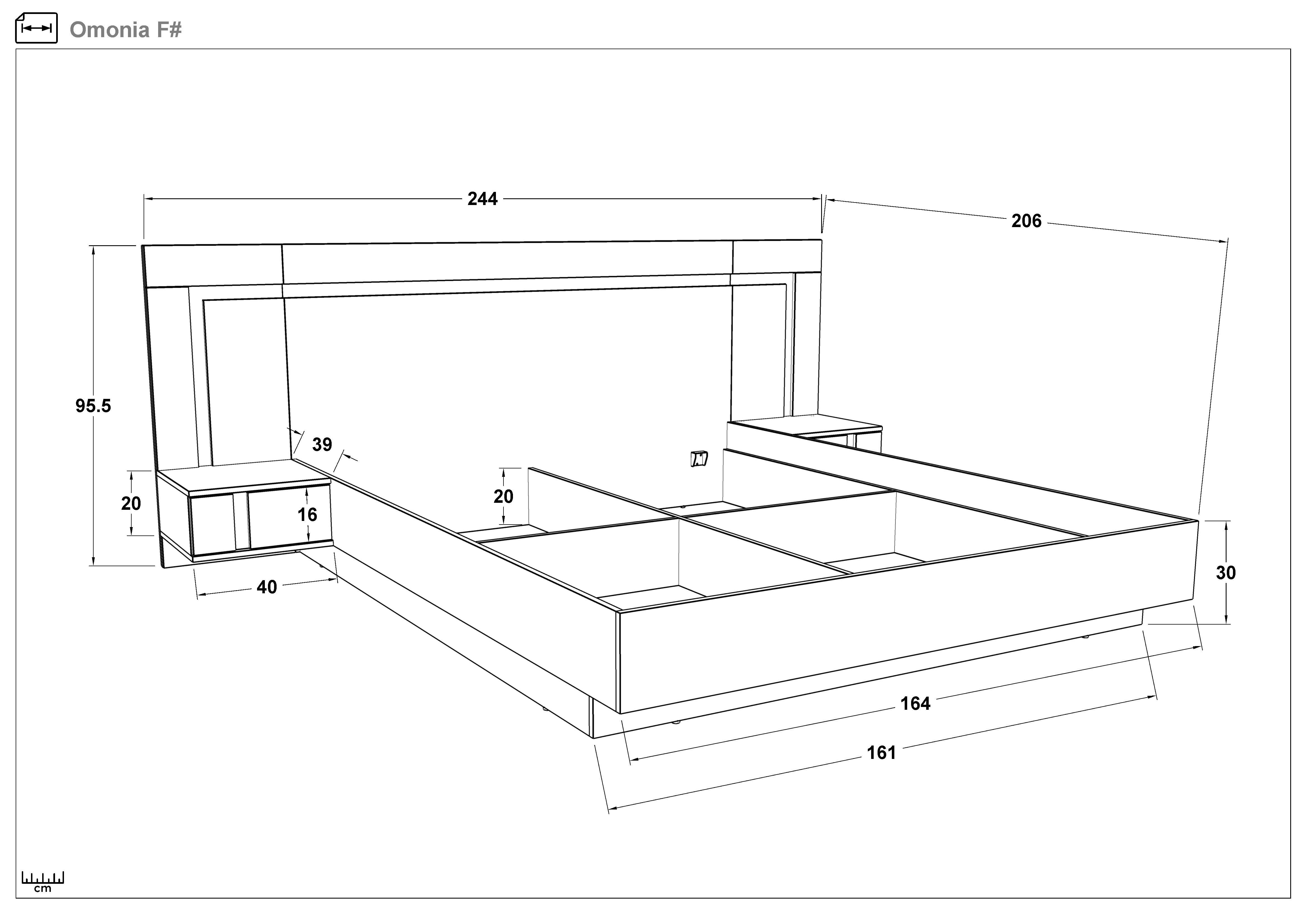 Двуспальная кровать под матрас 160/200 Омония, светлый скандинавский дуб + антрацит матовый  2