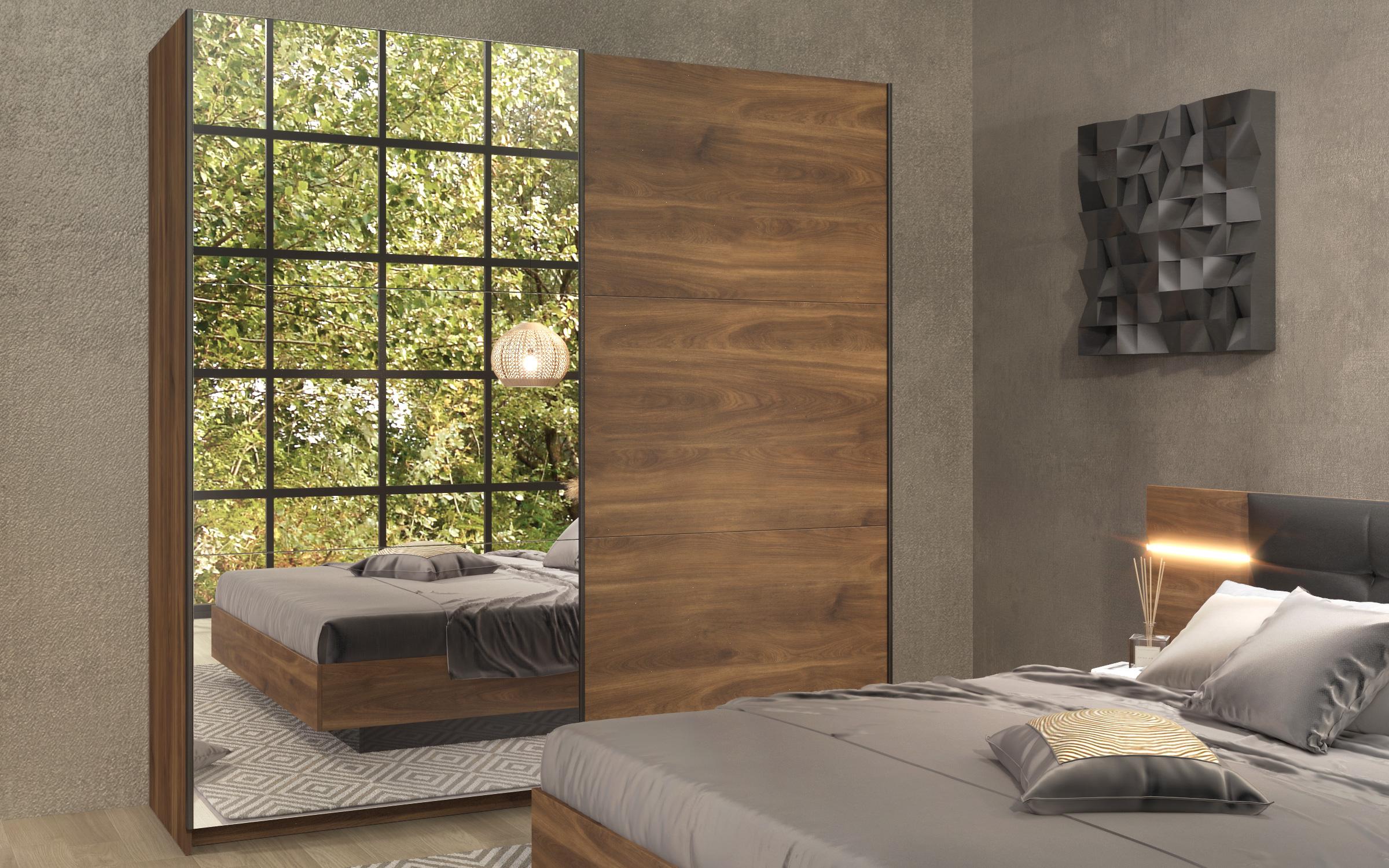 Set dormitor Alinor Sens cu iluminare LED  + saltea Neo Dream  160/200, stejar coniac + negru lucios  4