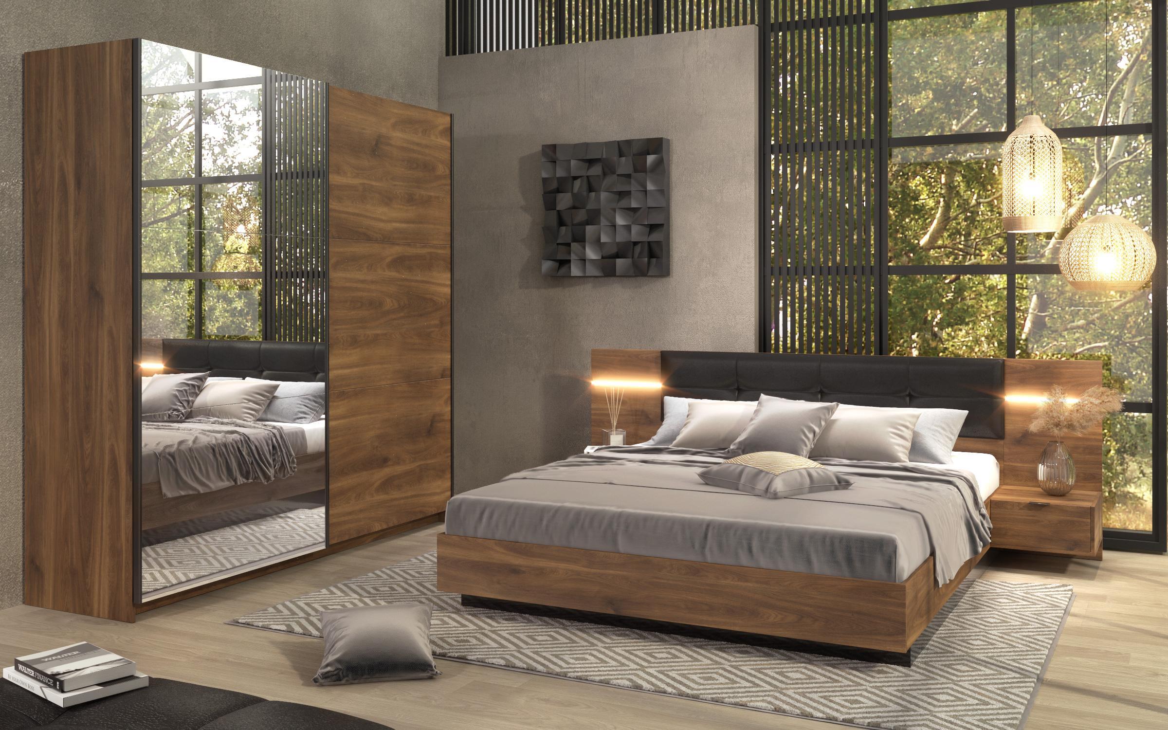 Pat dublu 160/200 + LED Alinor Sens + saltea, stejar coniac + negru lucios  3