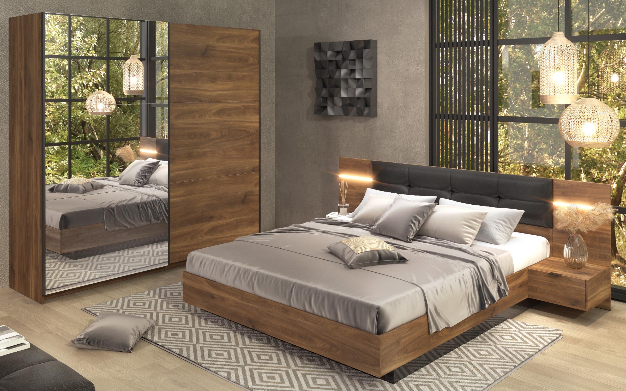 Set dormitor Alinor Sens + LED pentru saltea 160/200, stejar coniac + negru lucios  2