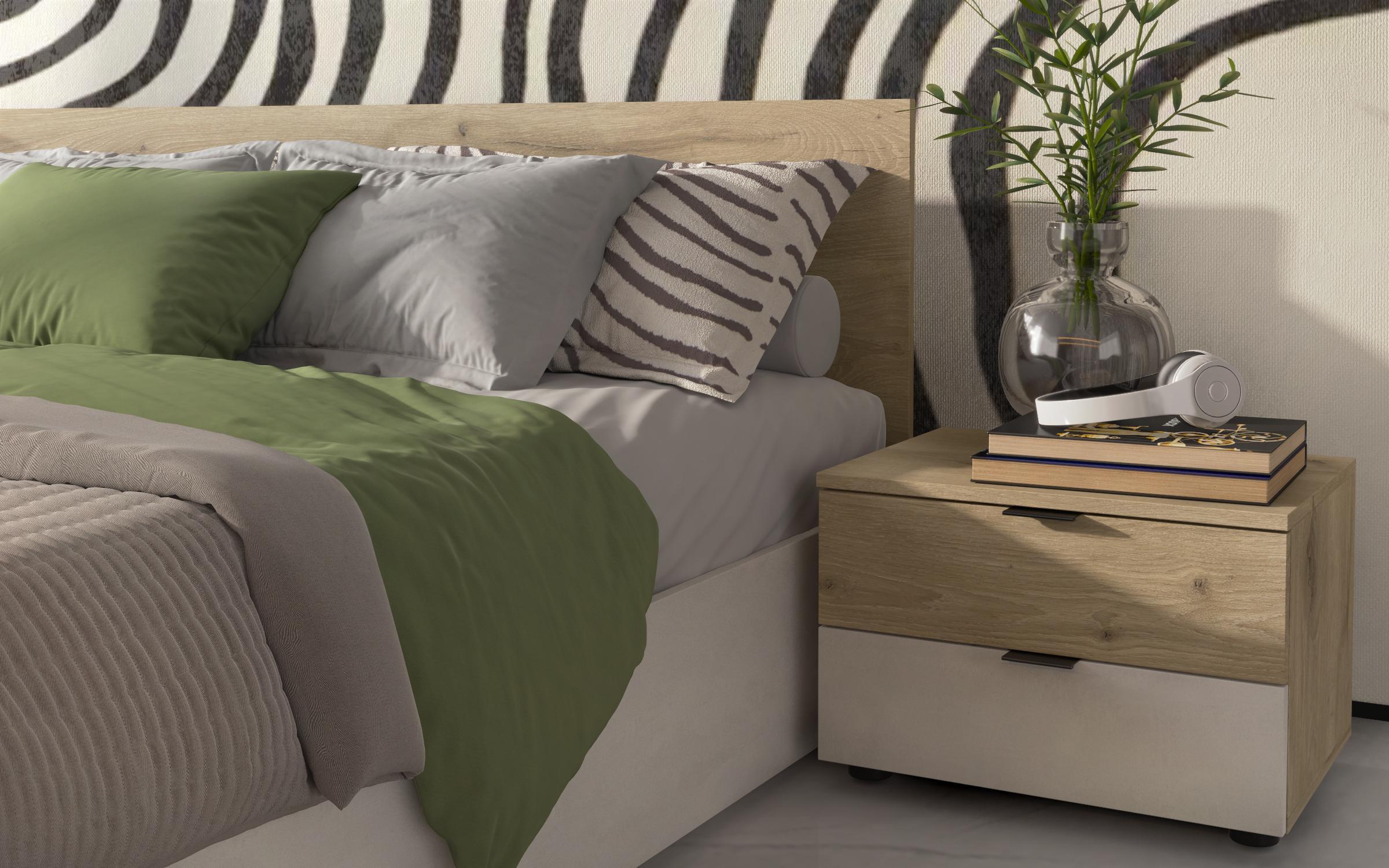 Pat dublu 140/200 Belmar + saltea, Silk + stejar scandinav deschis  2