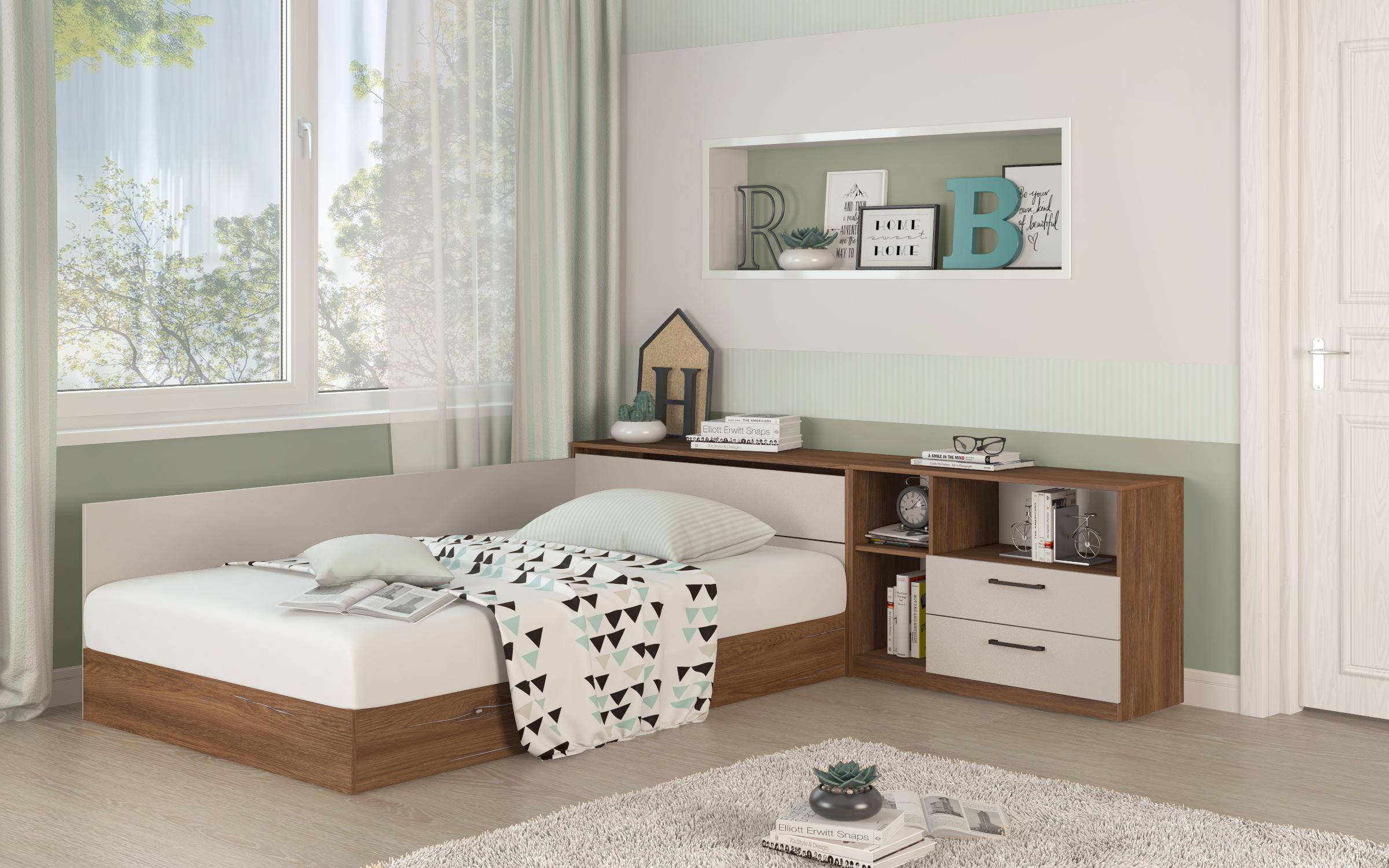 Set dormitor Lorence pentru saltea cu o fata 120/190, stejar vintage + casmir  1