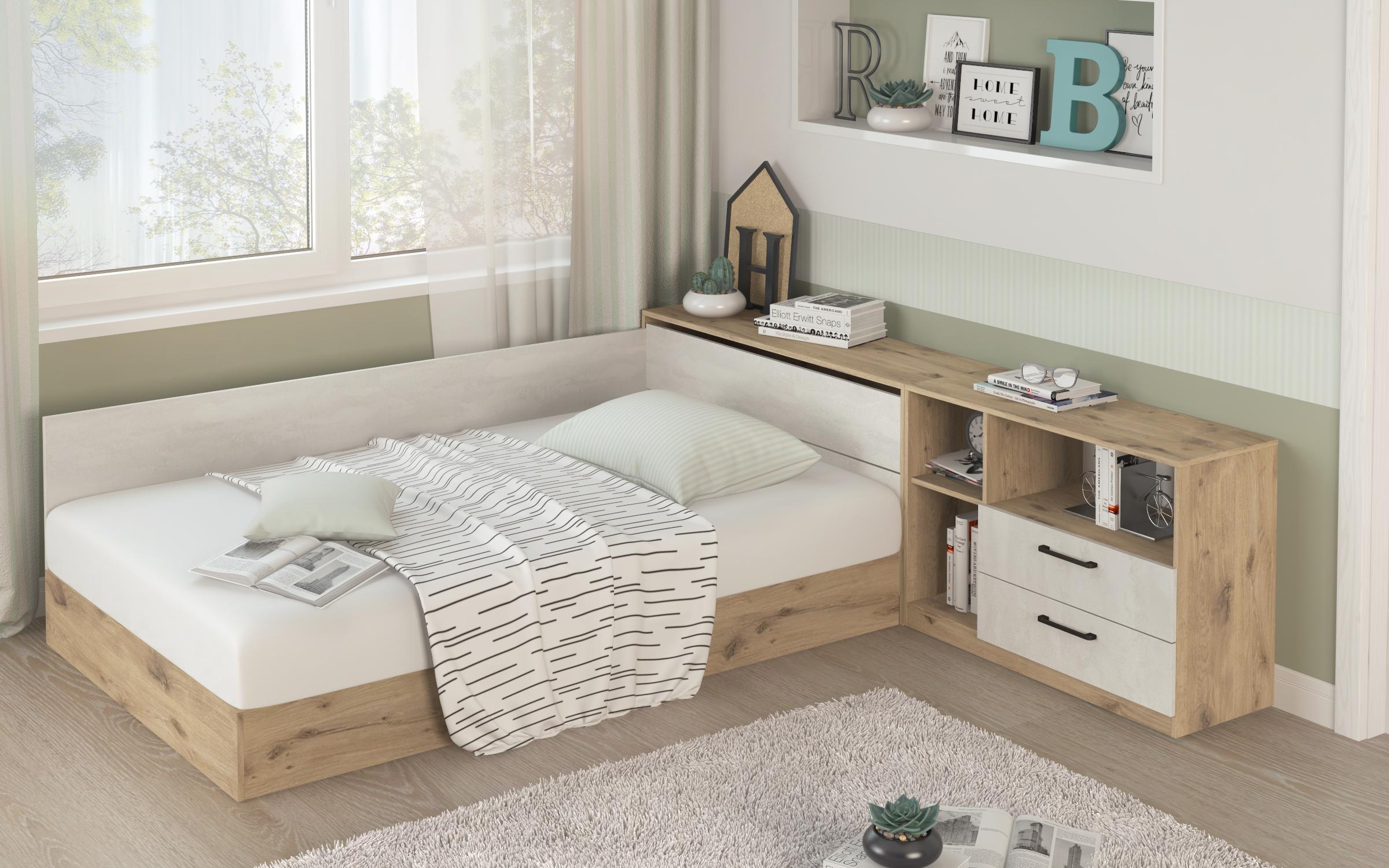 Set dormitor Lorence pentru saltea cu o fata 120/190, stejar scandinav deschis + silk  4