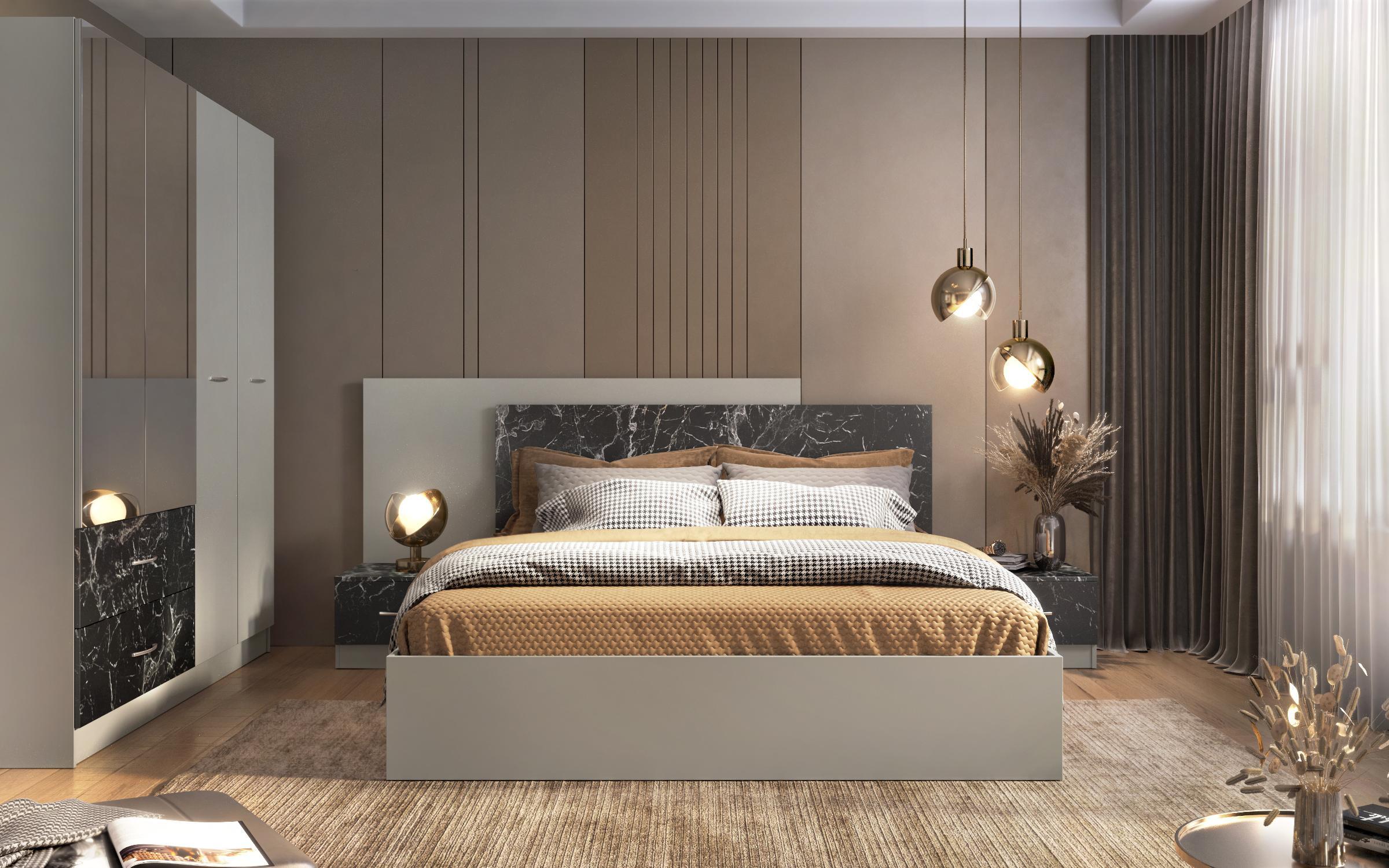 Set dormitor Morato cu iluminare LED + saltea cu o fata Neo dream 160/200, marmura Tunis + chinchilla gri  3