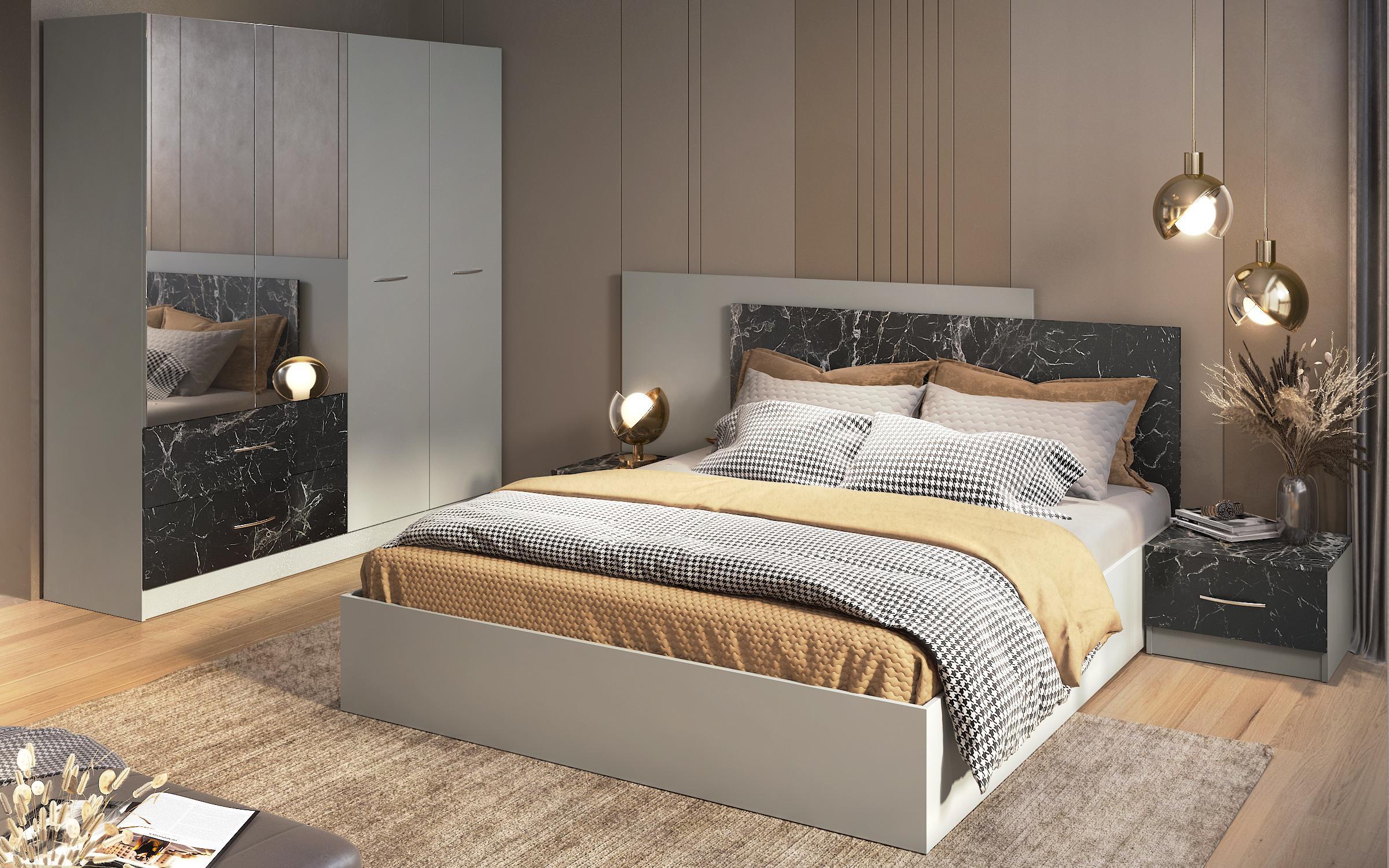 Set dormitor Morato cu iluminare LED + saltea cu o fata Neo dream 160/200, marmura Tunis + chinchilla gri  2
