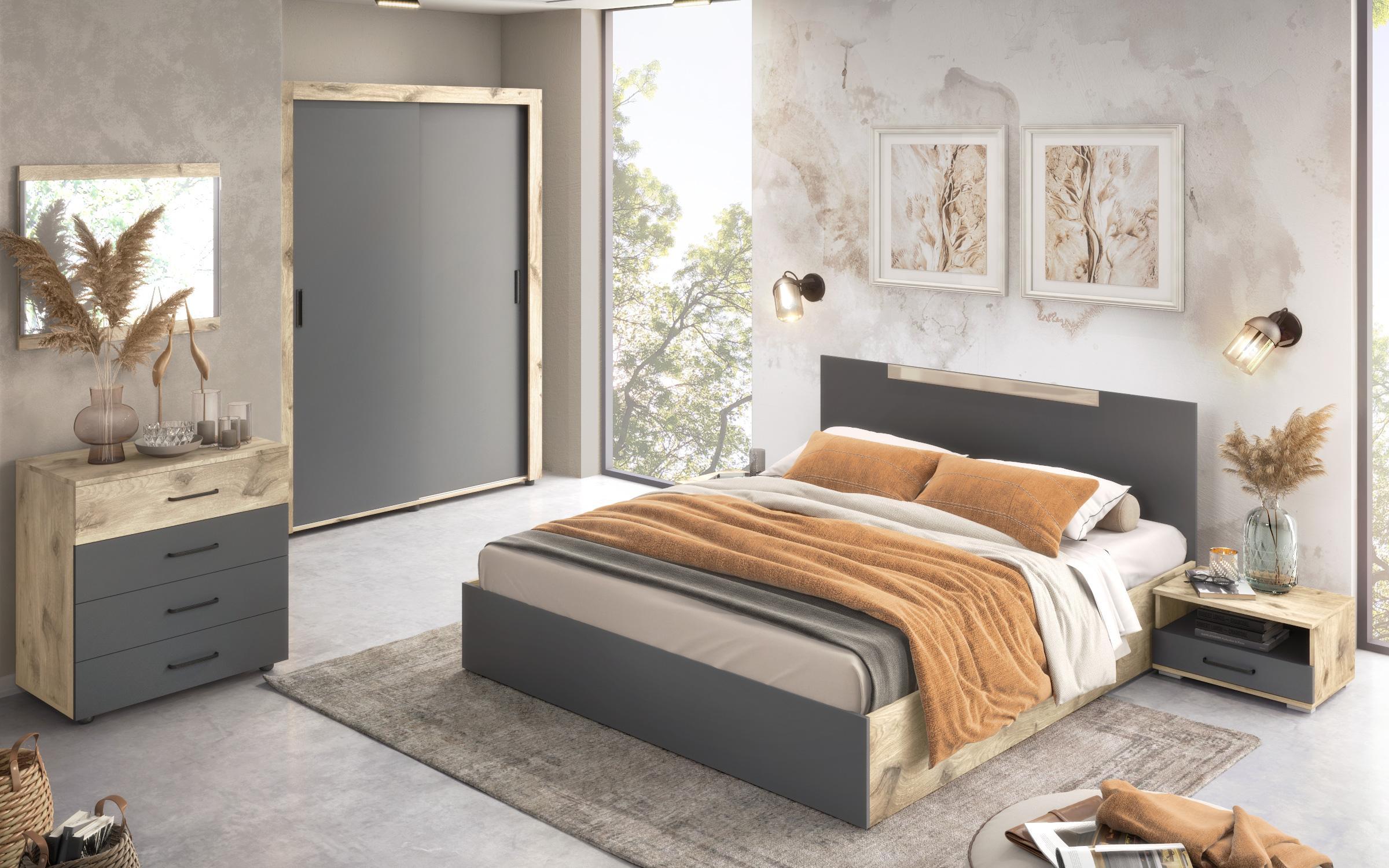 Set dormitor Moreti pentru saltea 160/200, antracit mat + stejar scandinav deschis  2