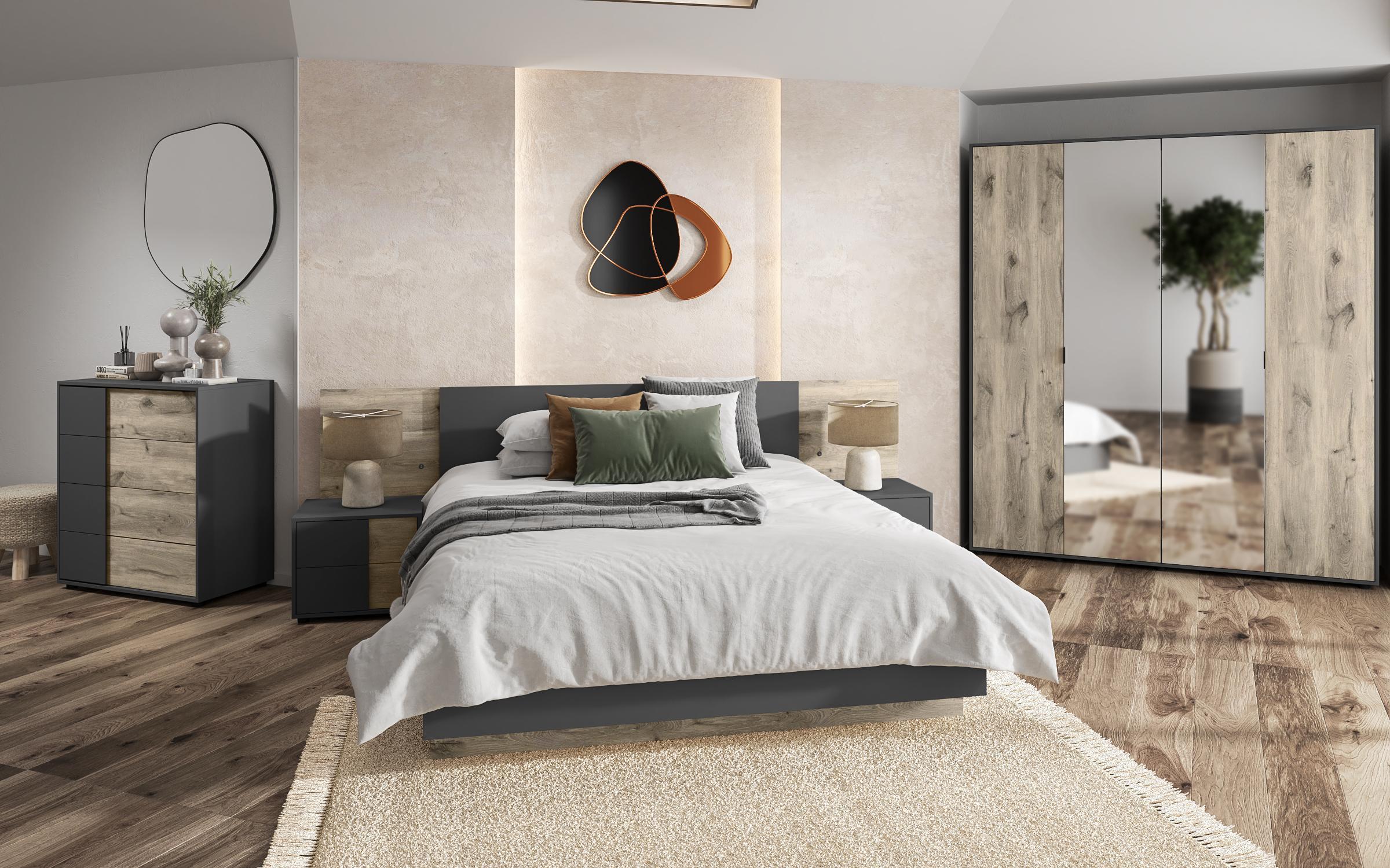 Set dormitor Amber Dark + saltea 160/200, antracit mat + stejar scandinav deschis  2