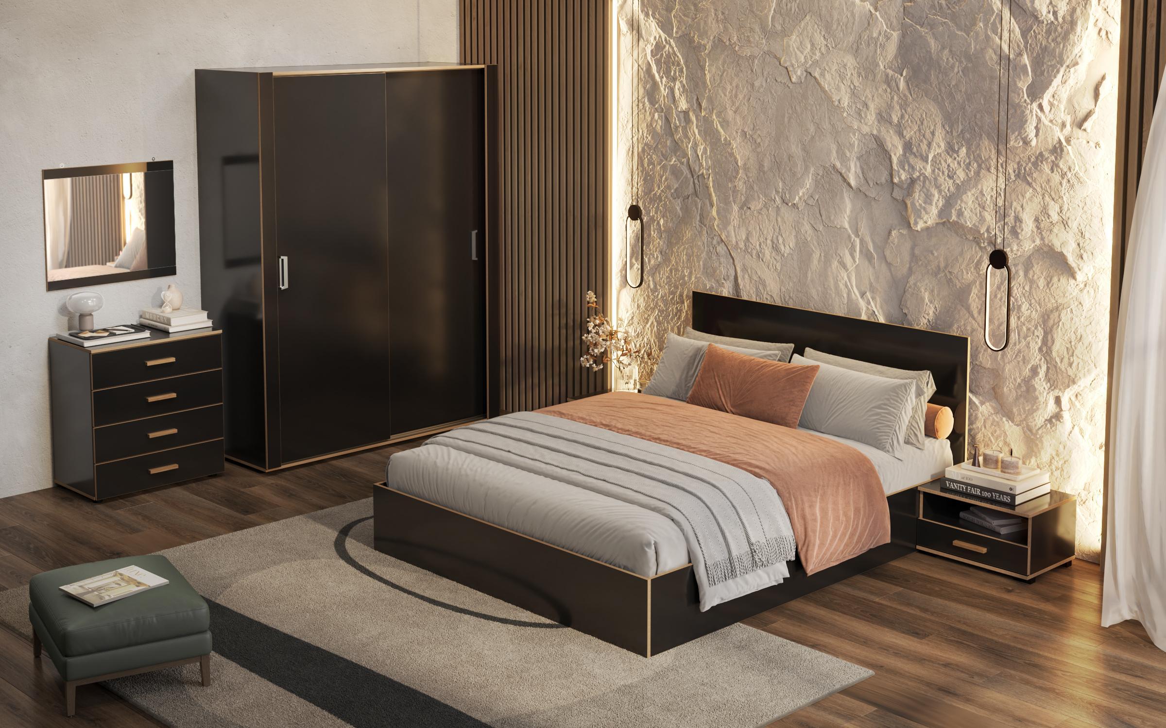 Set dormitor Frey pentru saltea 160/200, negru lucios  4