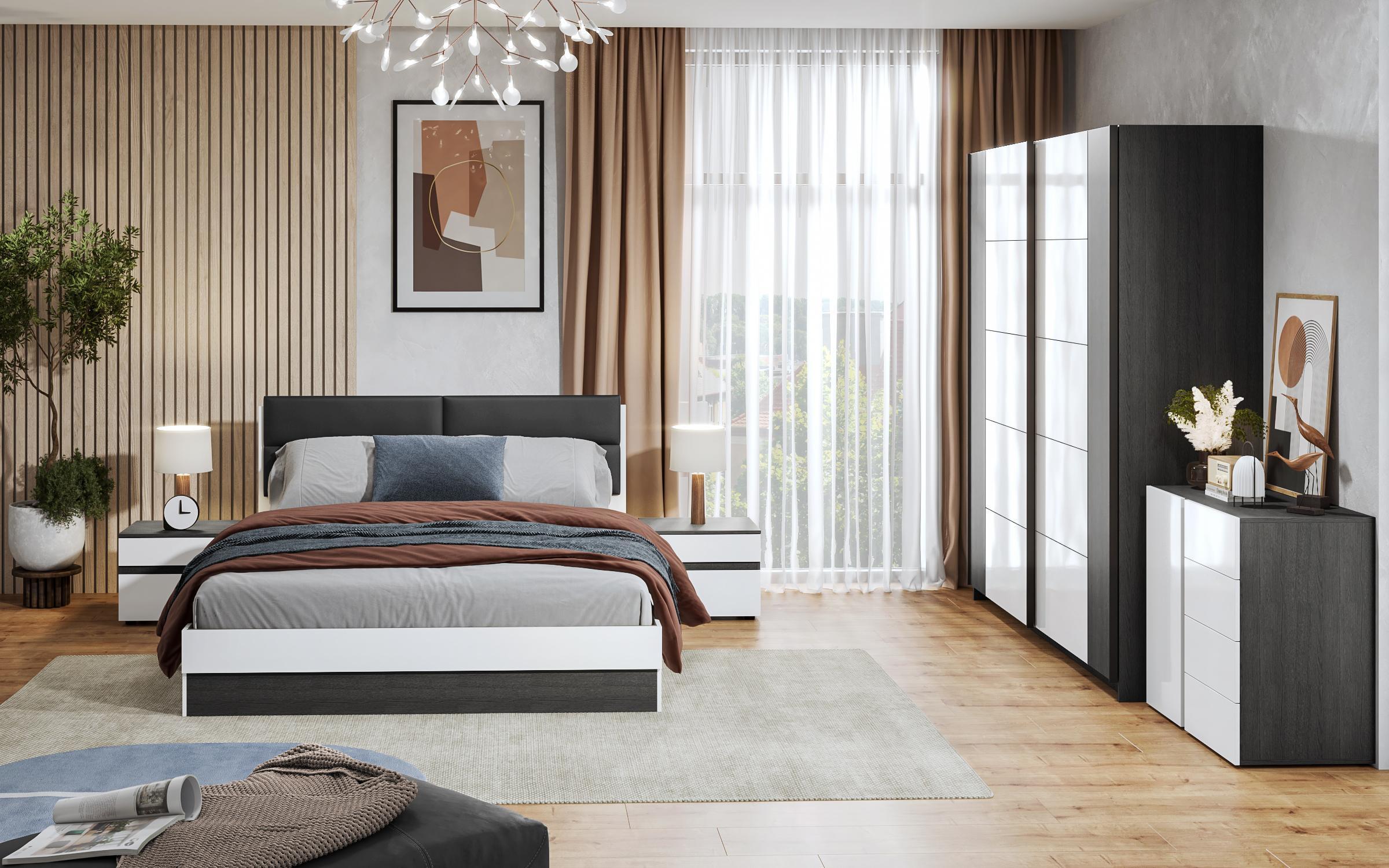 Set dormitor  Infinity pentru saltea 160/200, alb lucios + stejar antracit  2