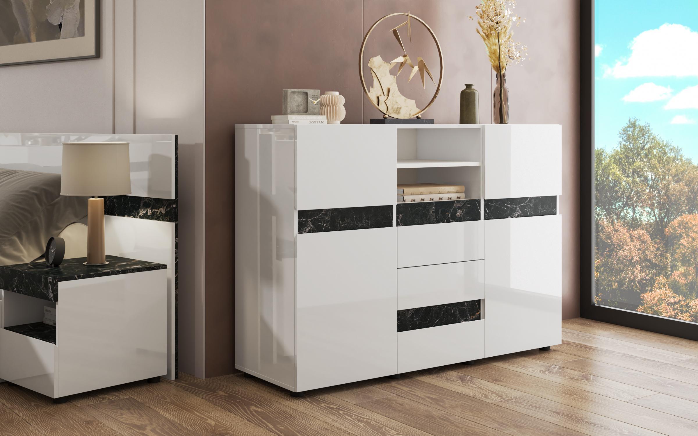 Comoda Kalira, alb lucios + marmura Tunis  1