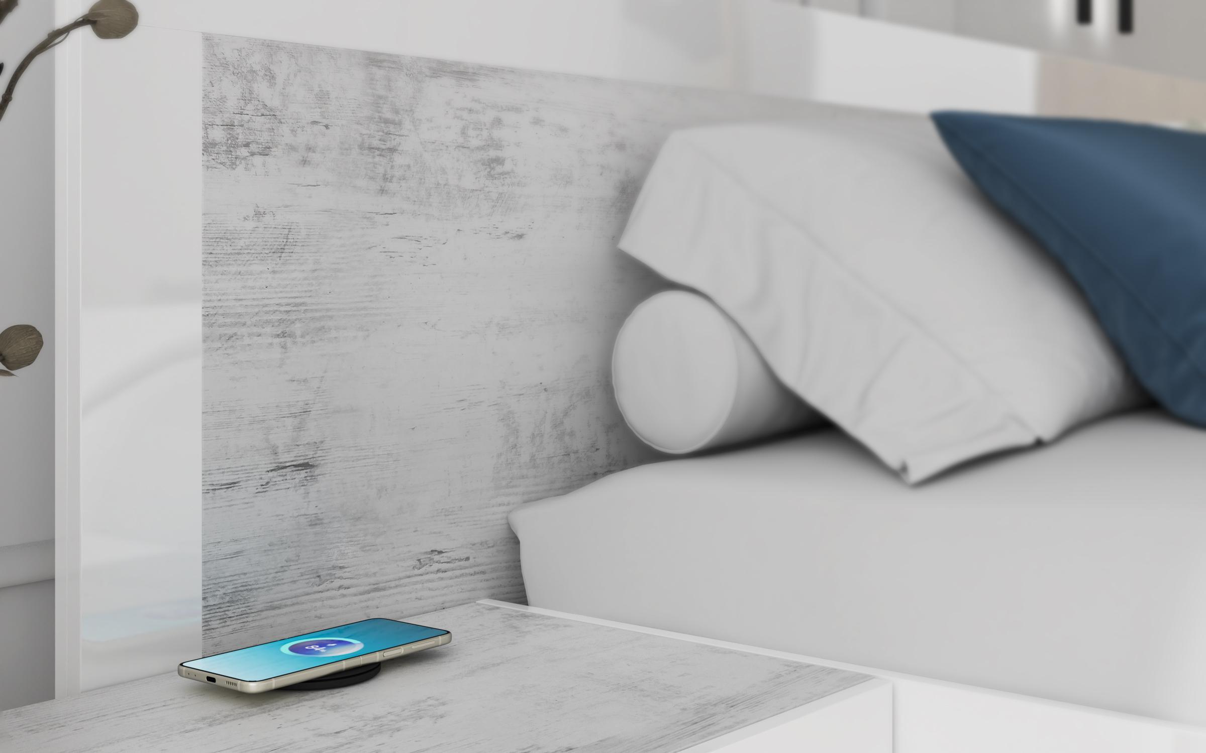 Set dormitor 160/200 cu incarcator wireless pentru telefon Lukas + saltea, stejar antic + alb lucios  3