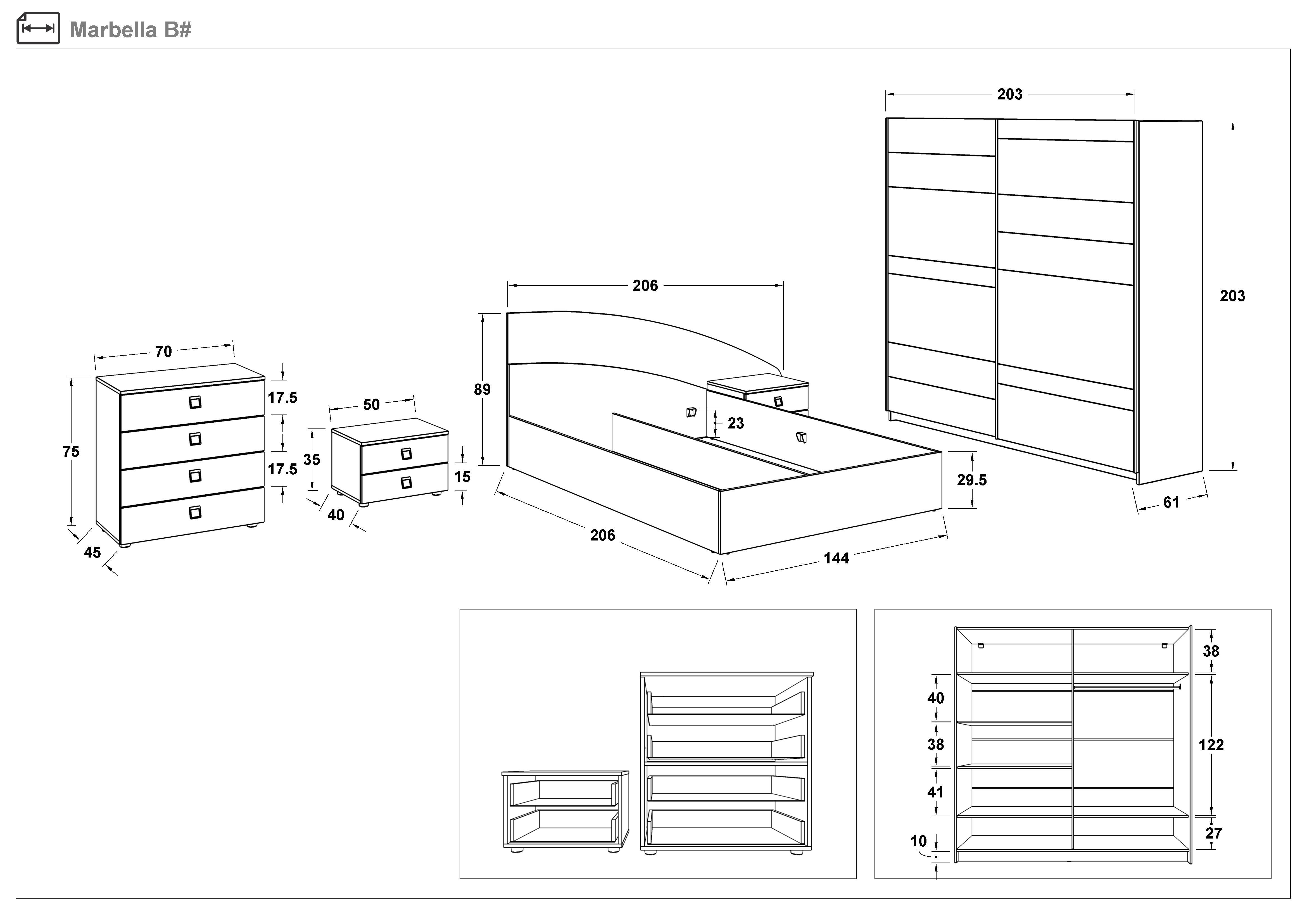 Set dormitor 140/200 Marbela + saltea, alb lucios + marmura Tunis  2