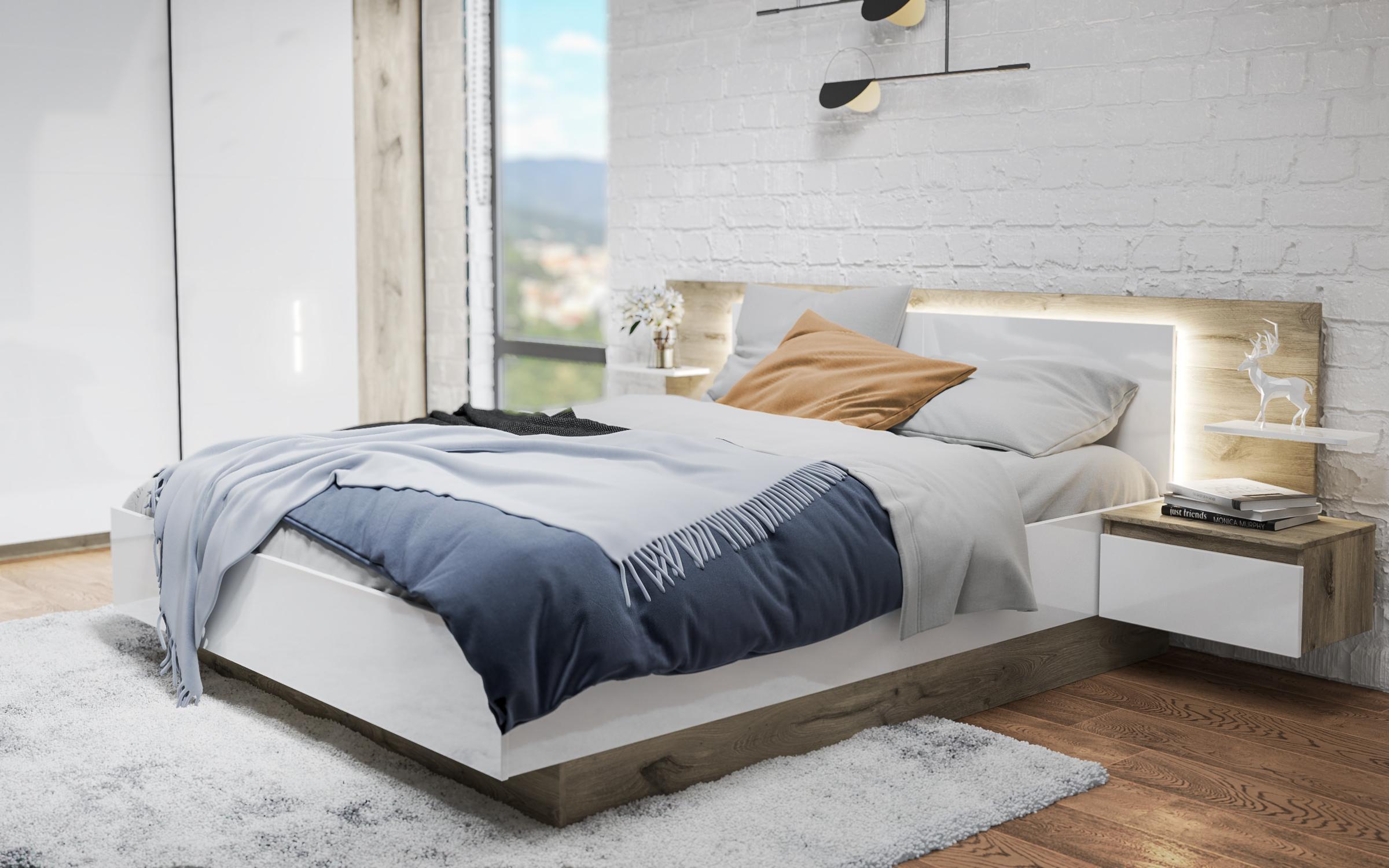 Set dormitor 160/200 + LED Alara, stejar scandinav deschis + alb lucios  3