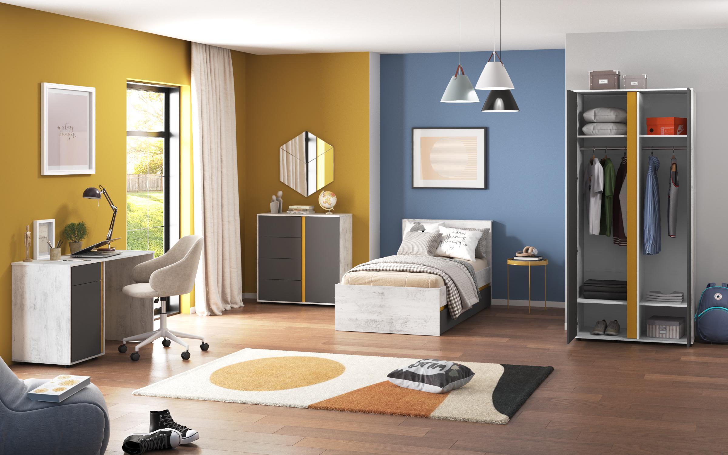 Set dormitor pentru camera copilului Tomi, pentru saltea90/200, stejar antic + antracit mat + galben  4