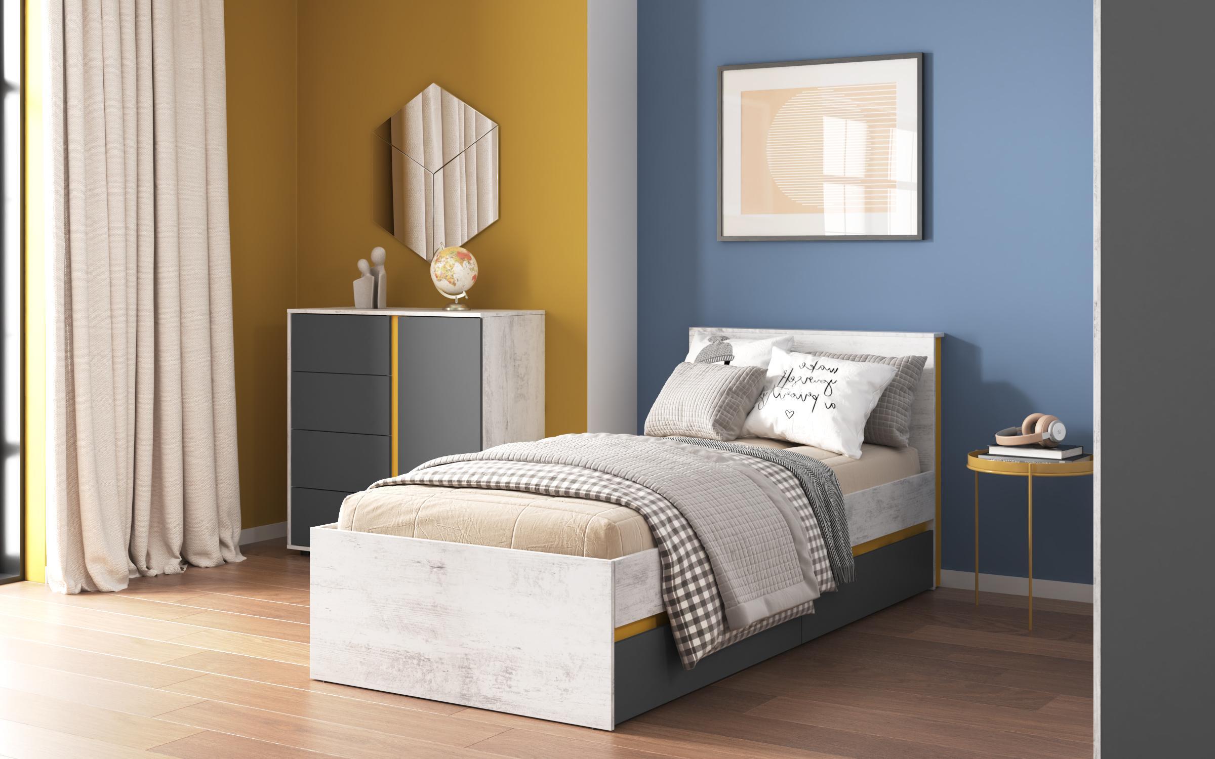 Set dormitor 90/200 Tomi + saltea, stejar antic + antracit mat + galben  2