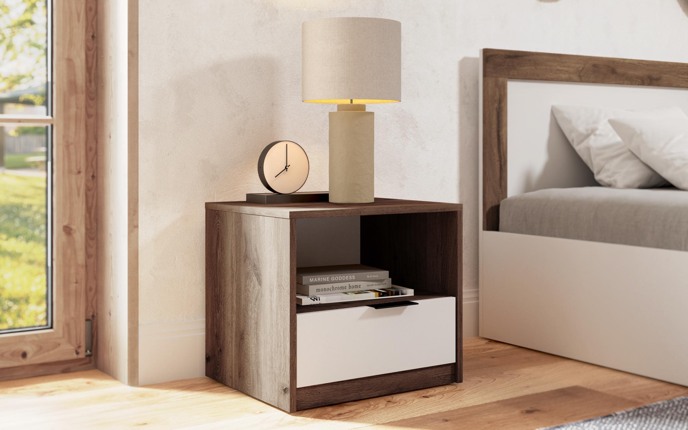Set dormitor Toronto pentru saltea 160/200, stejar scandinav inchis + alb mat  4