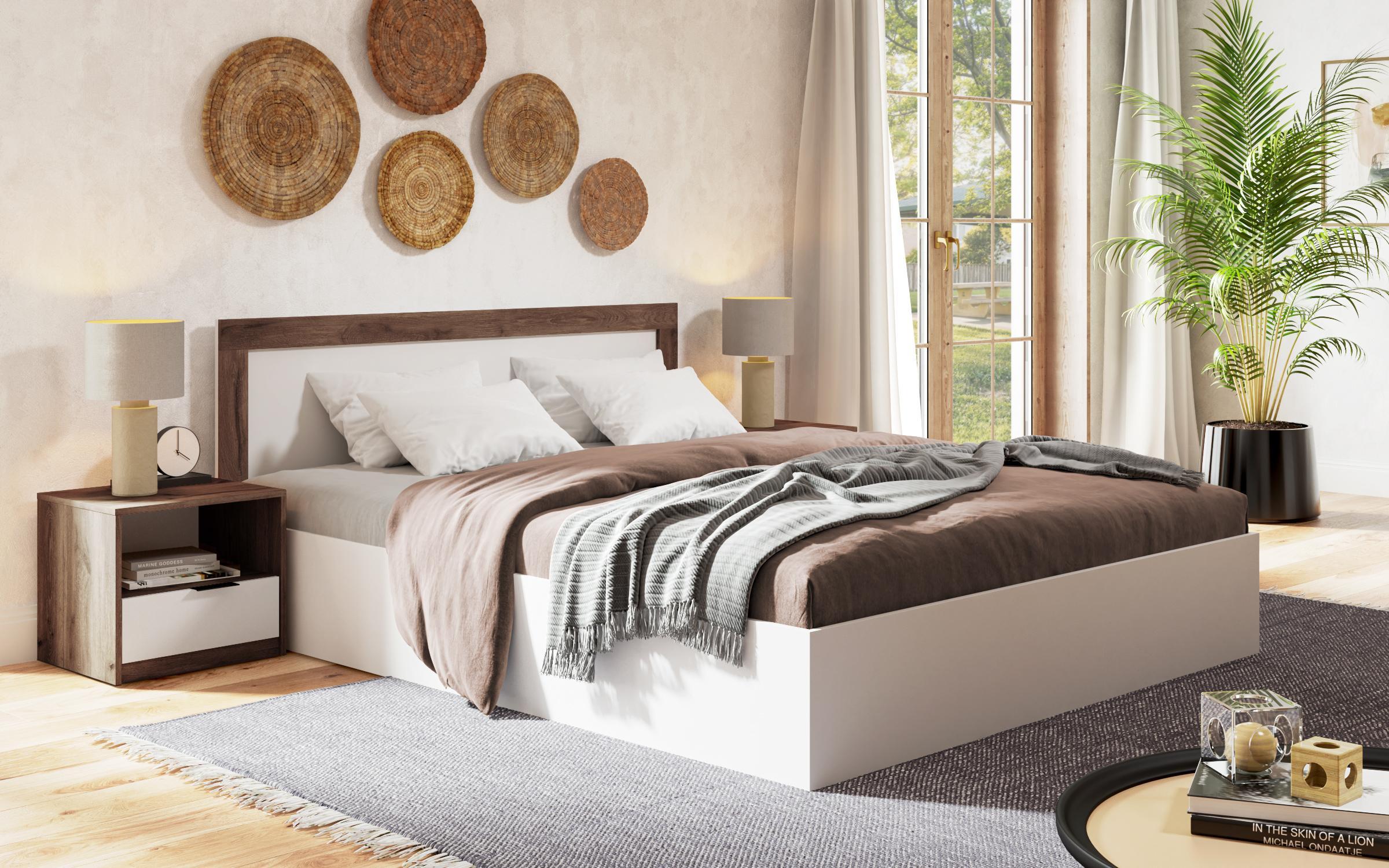 Pat dublu 160/200 Toronto + saltea, stejar scandinav inchis + alb mat  1