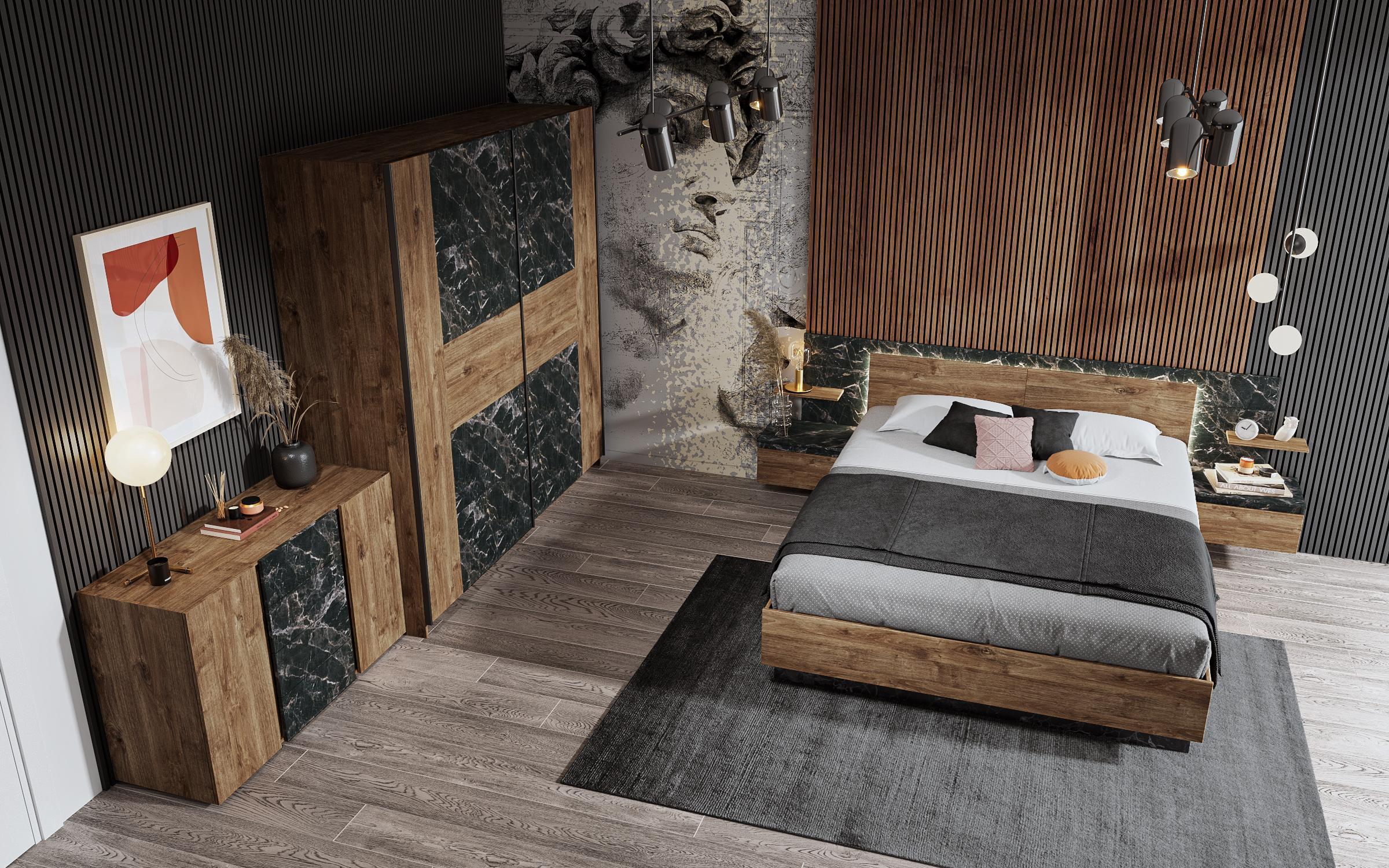 Set dormitor Viking pentru saltea 160/200 + LED, marmura Tunis + stejar scandinav inchis  2