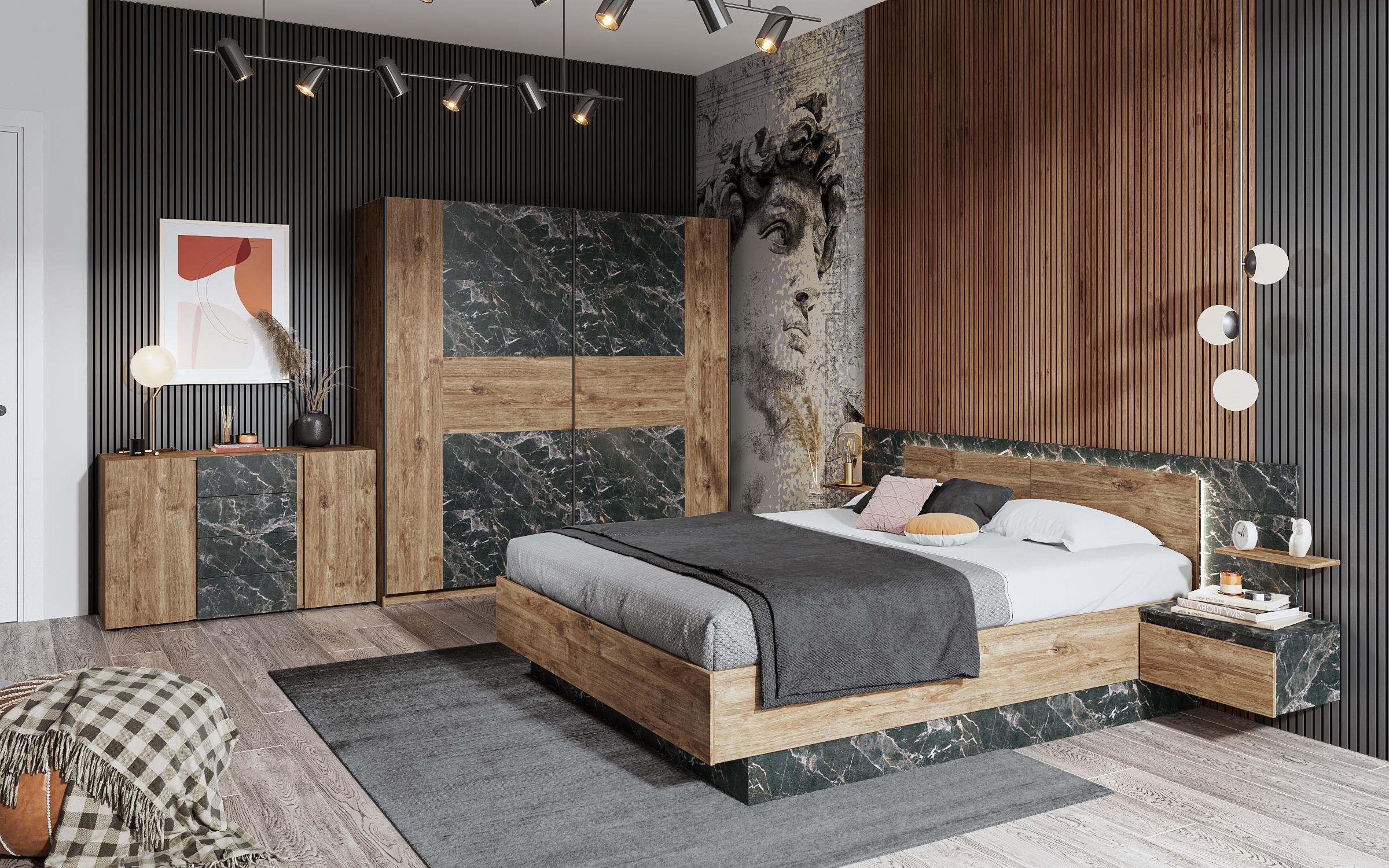 Set dormitor Viking pentru saltea 160/200 + LED, marmura Tunis + stejar scandinav inchis  4