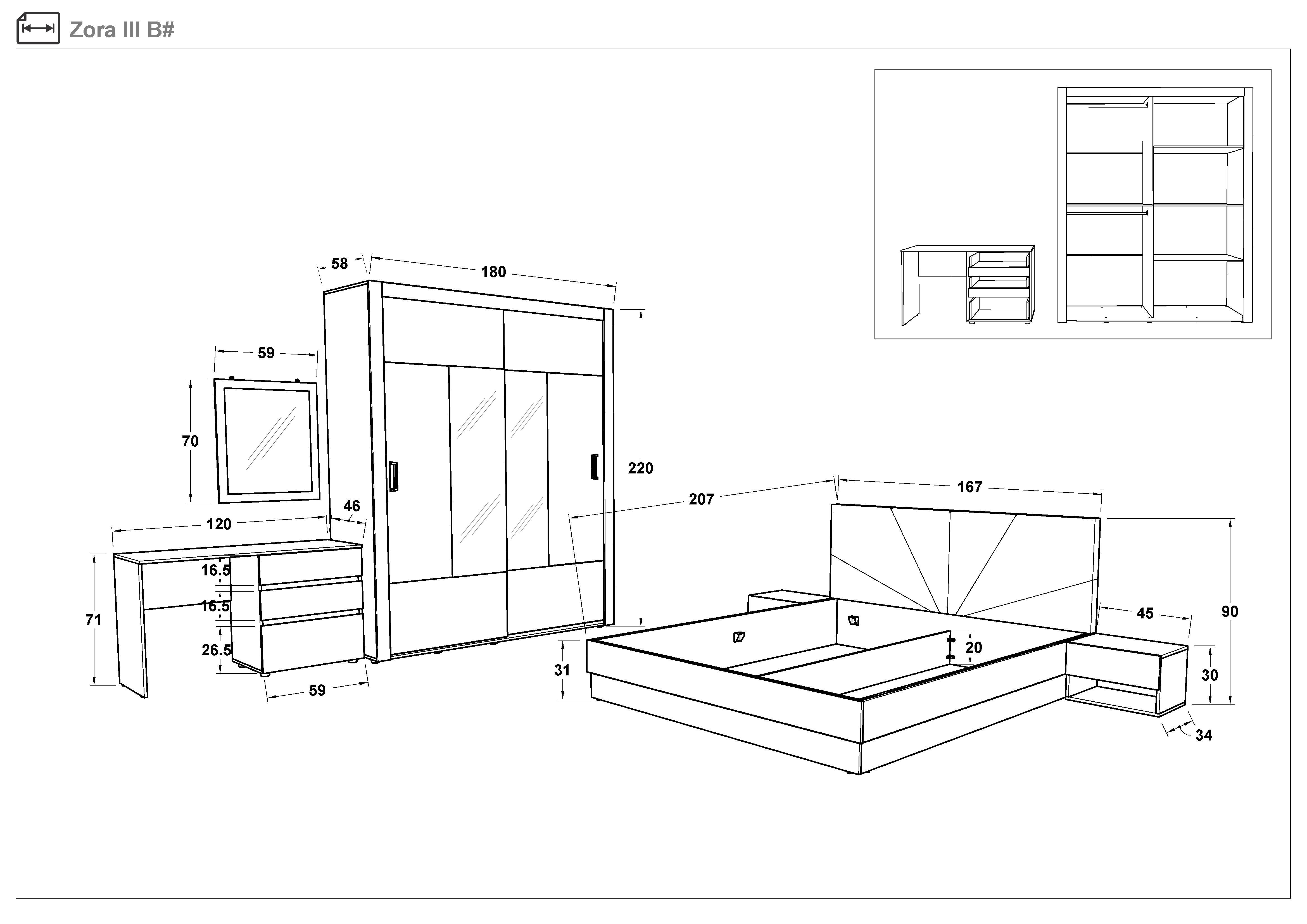 Set dormitor 160/200 Zora + saltea, stejar antic + alb lucios  2