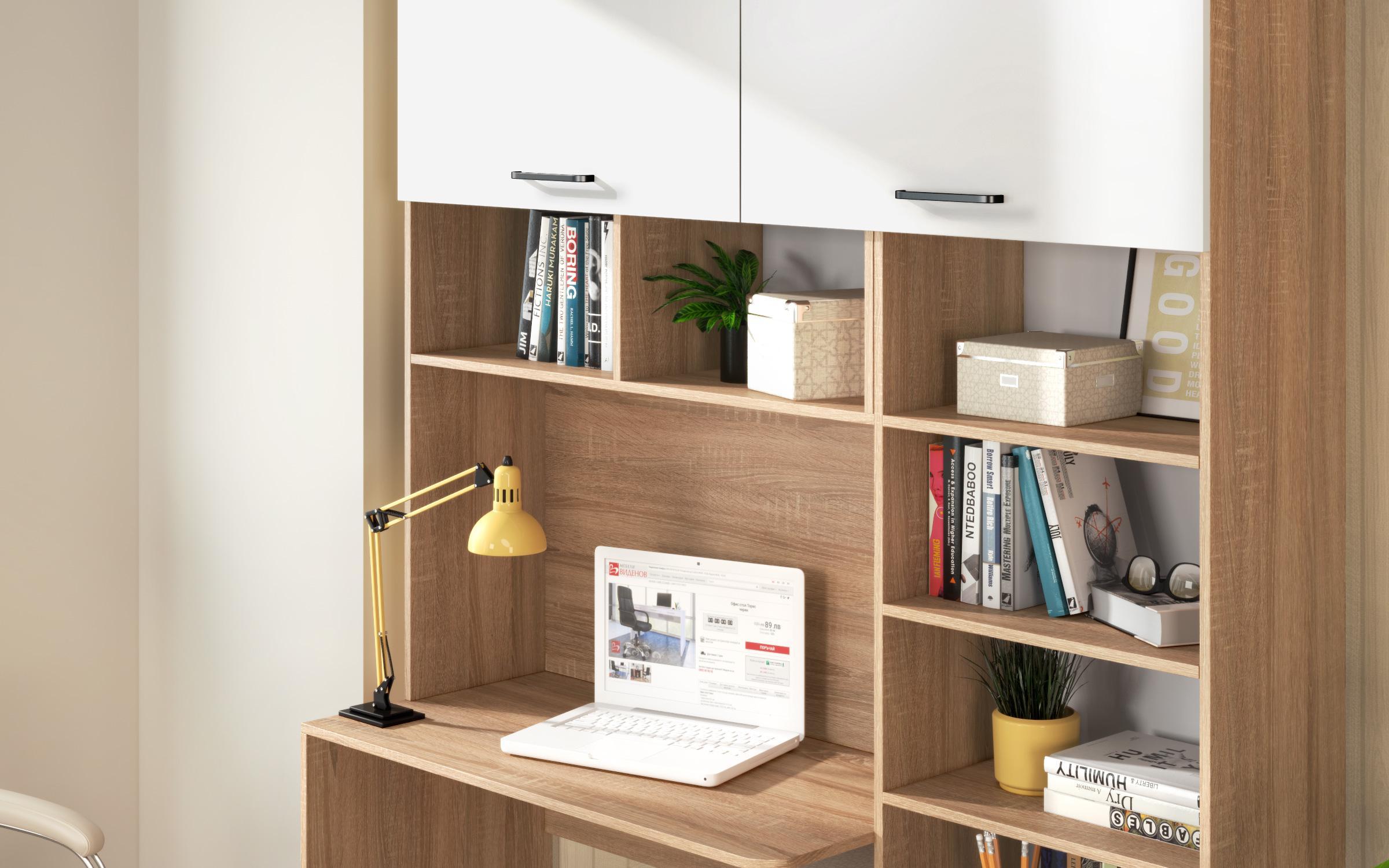 Biblioteca + birou Diel, stejar sonoma + alb lucios  5