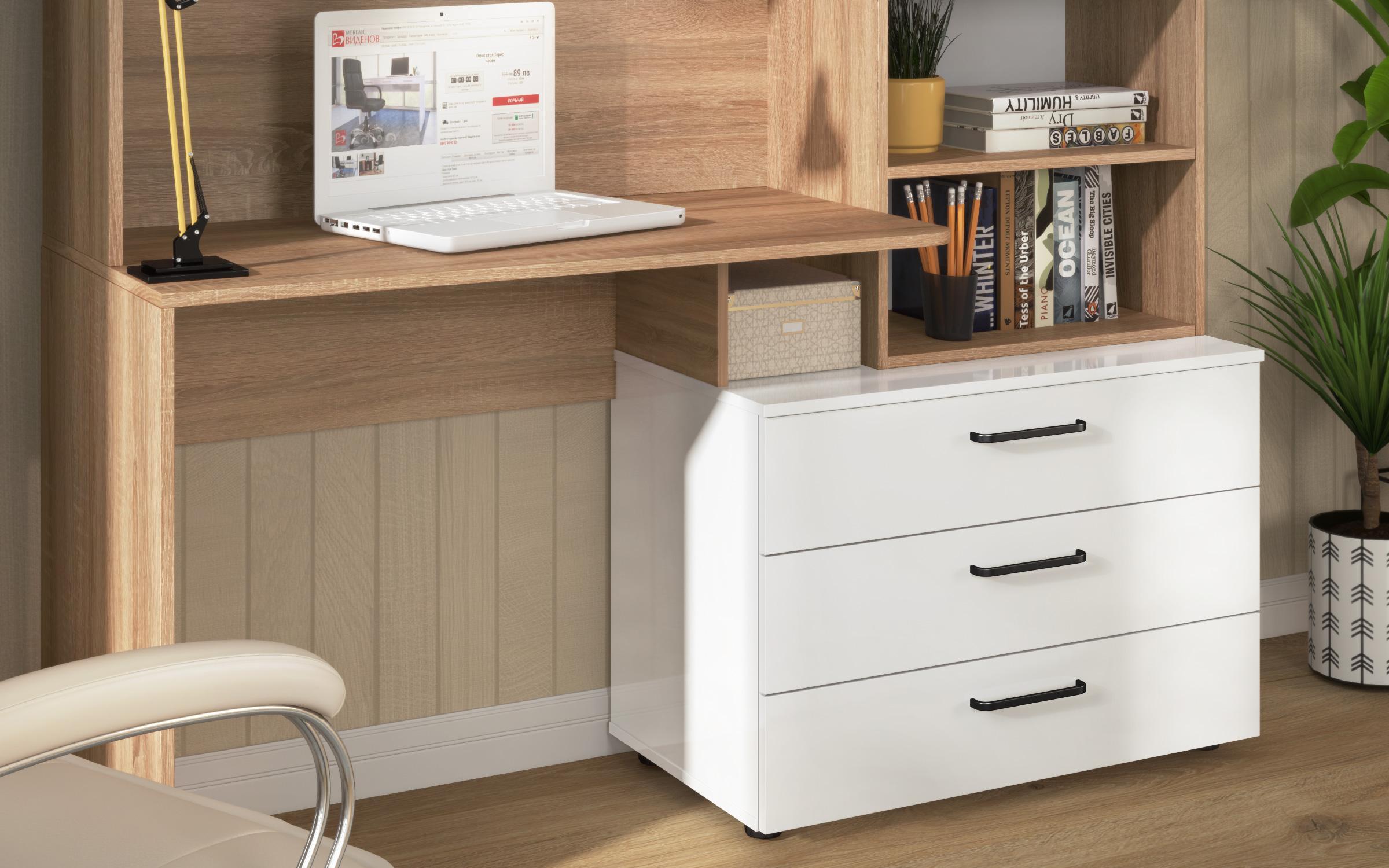 Biblioteca + birou Diel, stejar sonoma + alb lucios  4