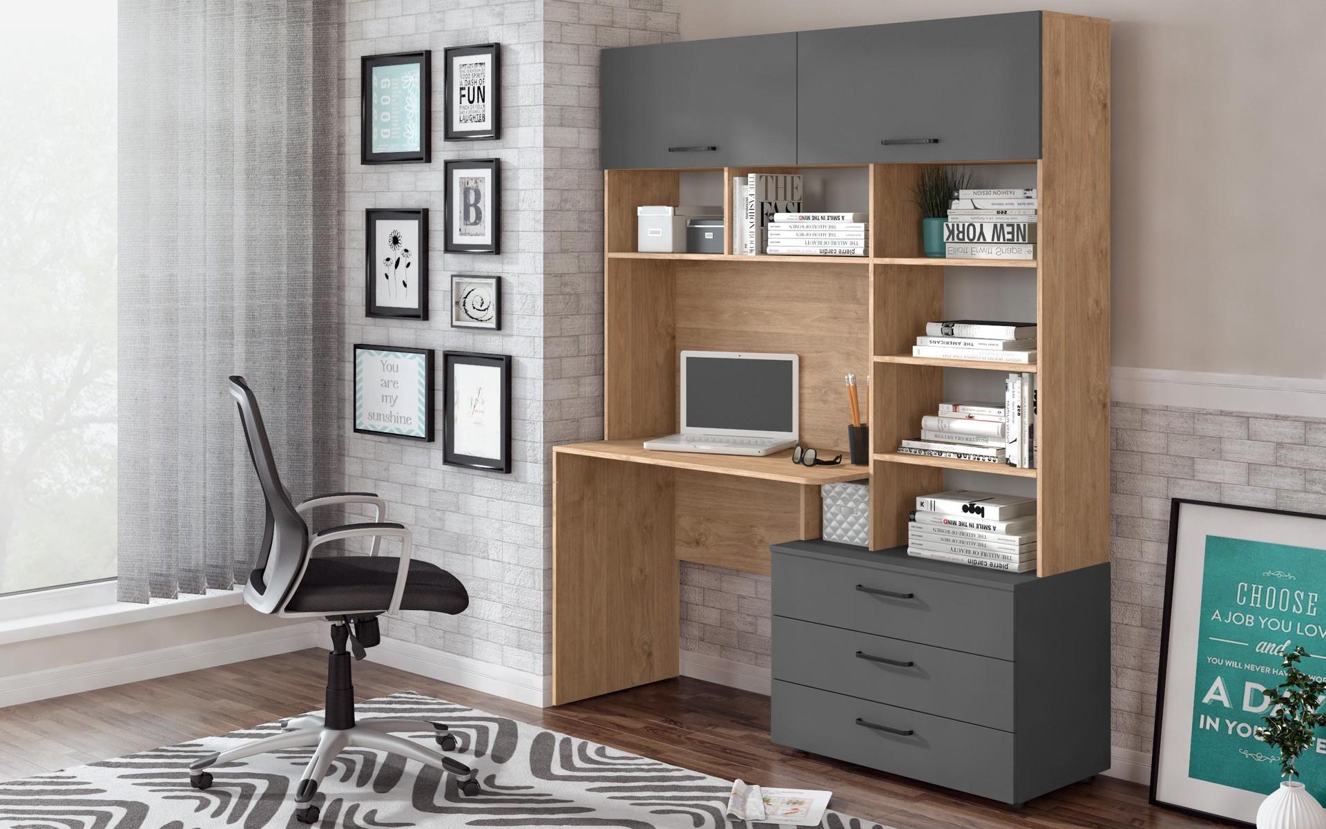 Biblioteca + birou Diel, stejar auriu + antracit mat  1