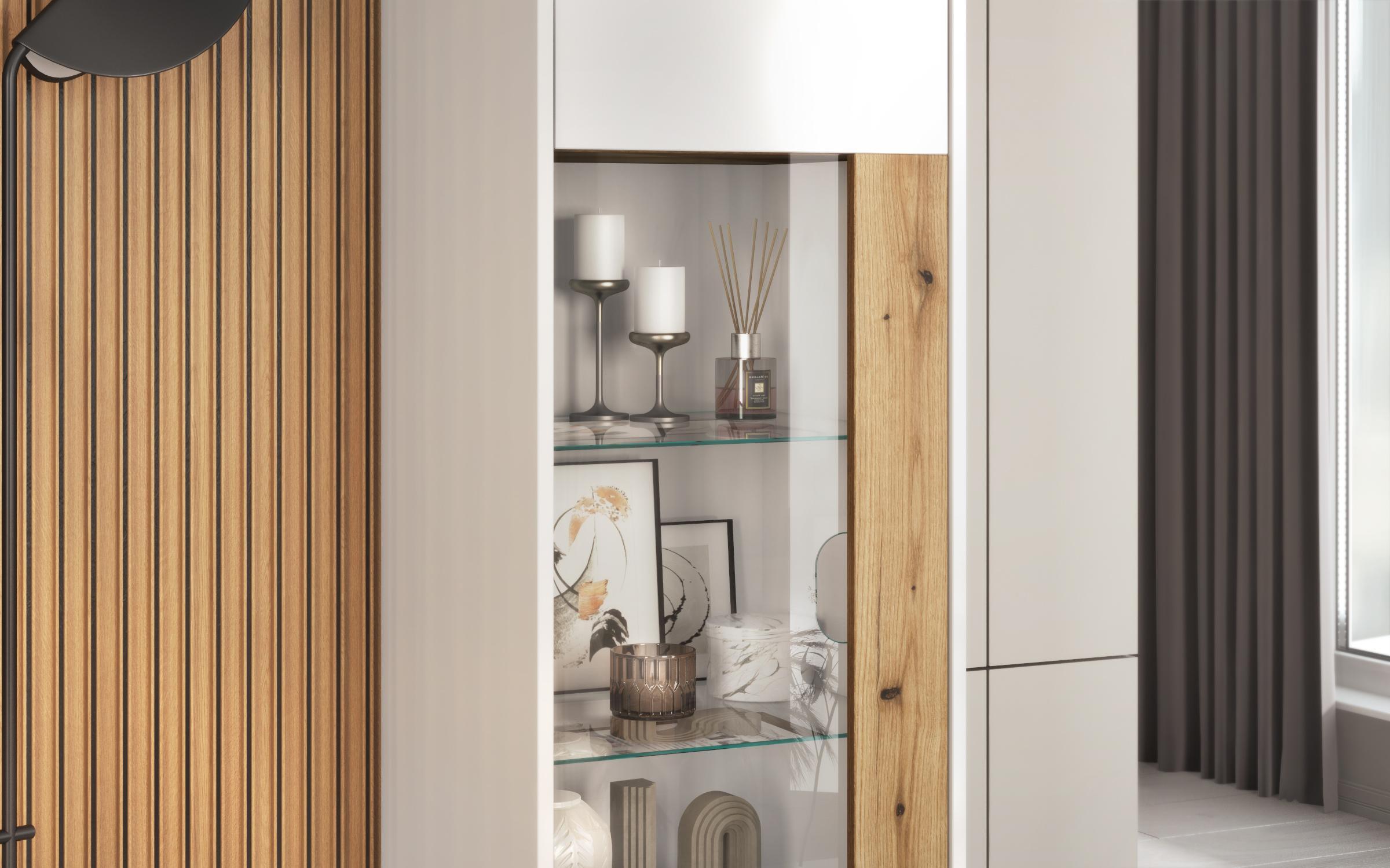 Biblioteca vitrina Pier L, alb lucios + stejar evoc  3