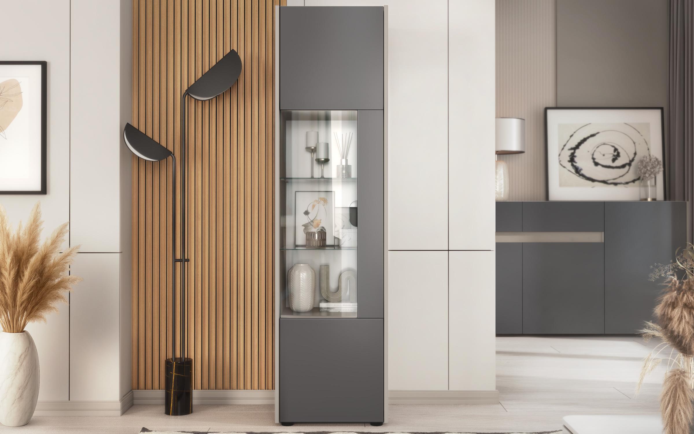 Biblioteca vitrina Pier L + MDF, nisipiu mat + grafit  2